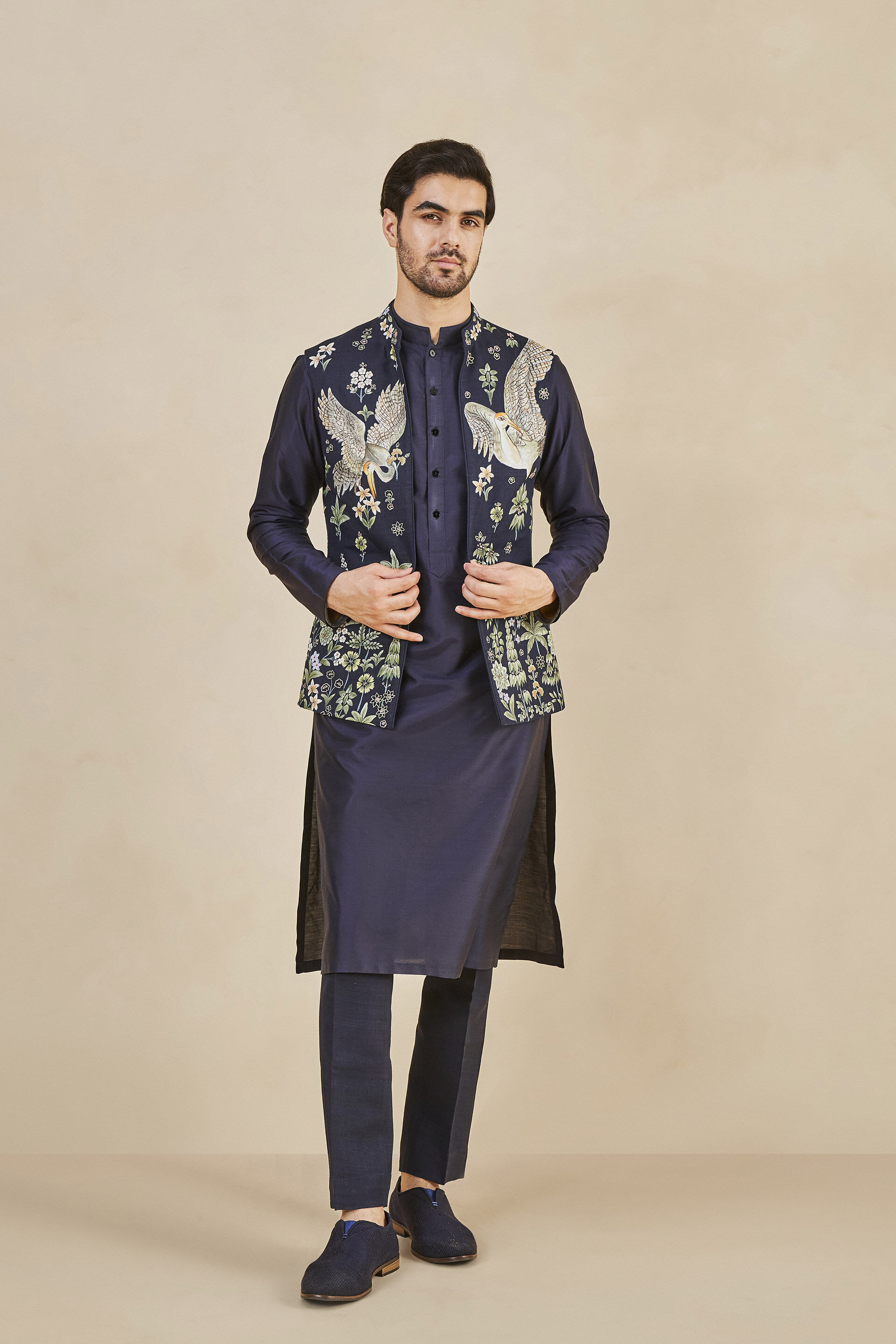 The Flamingo Spirit Hand-painted Pichhwai Silk Nehru Jacket - Navy, Navy, image 1