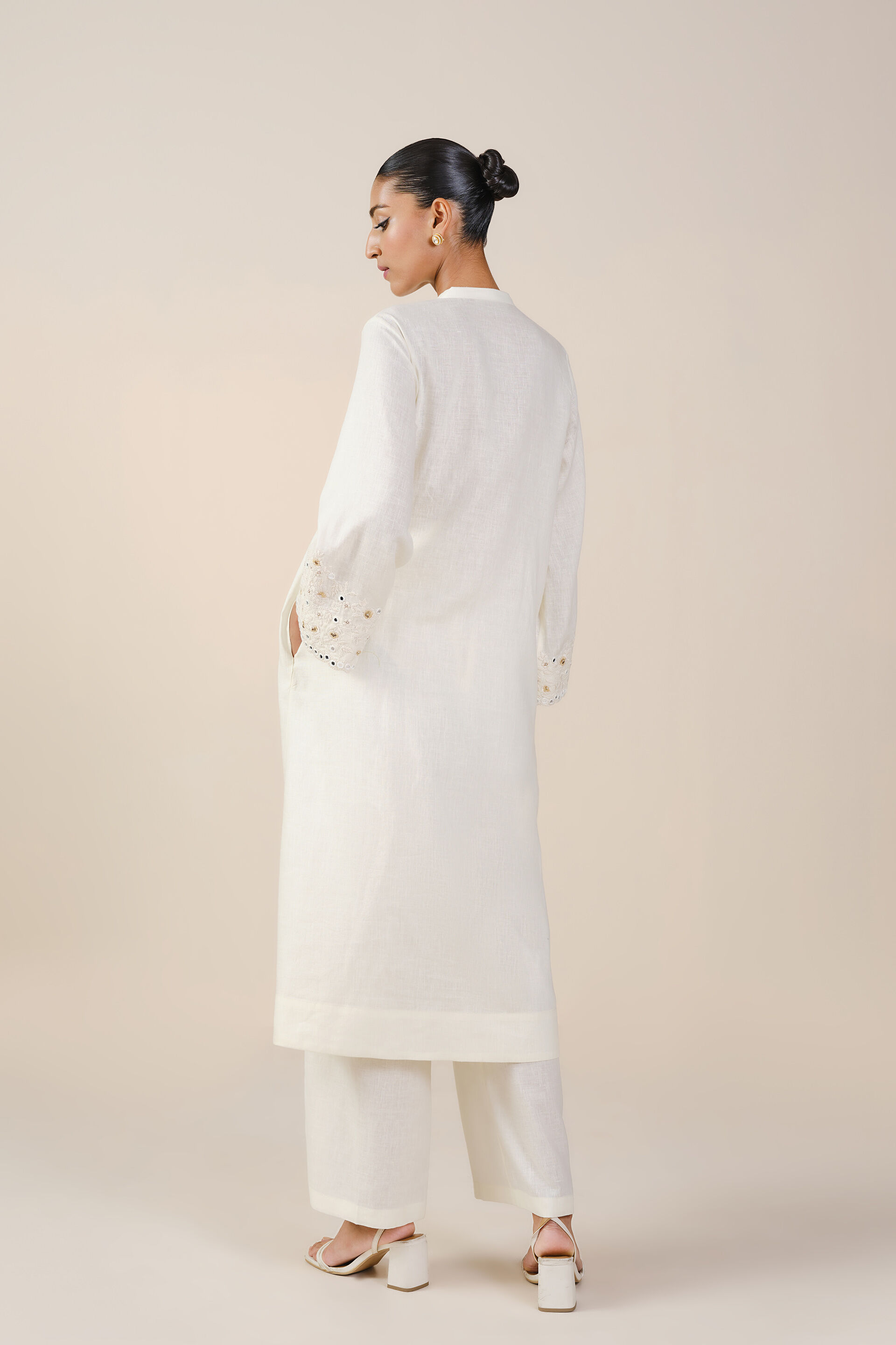 Sikara Mirror Embroidered Linen Kurta Set - Natural, Natural, image 3