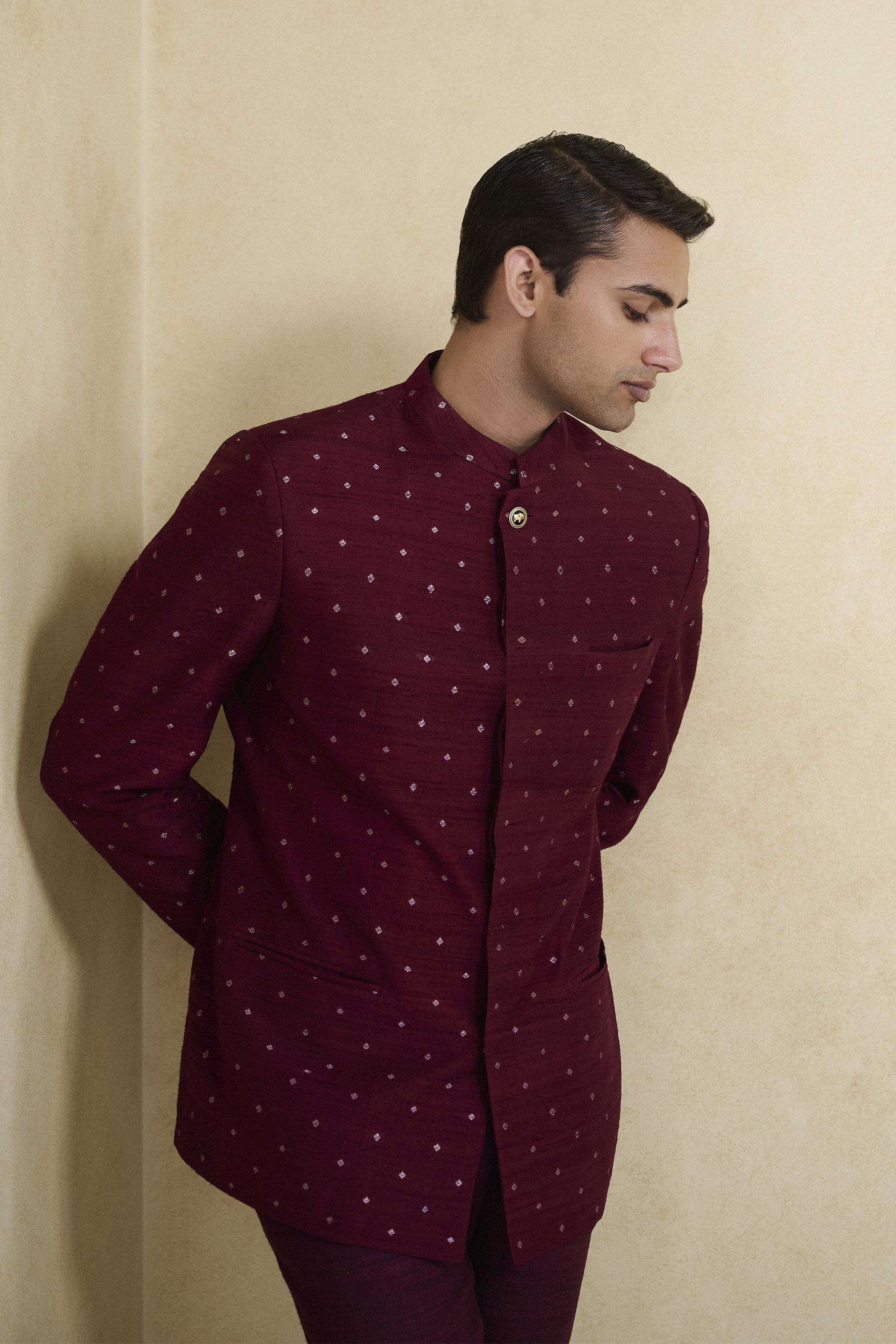 Sohaib Silk Bandhgala - Maroon, Maroon, image 4