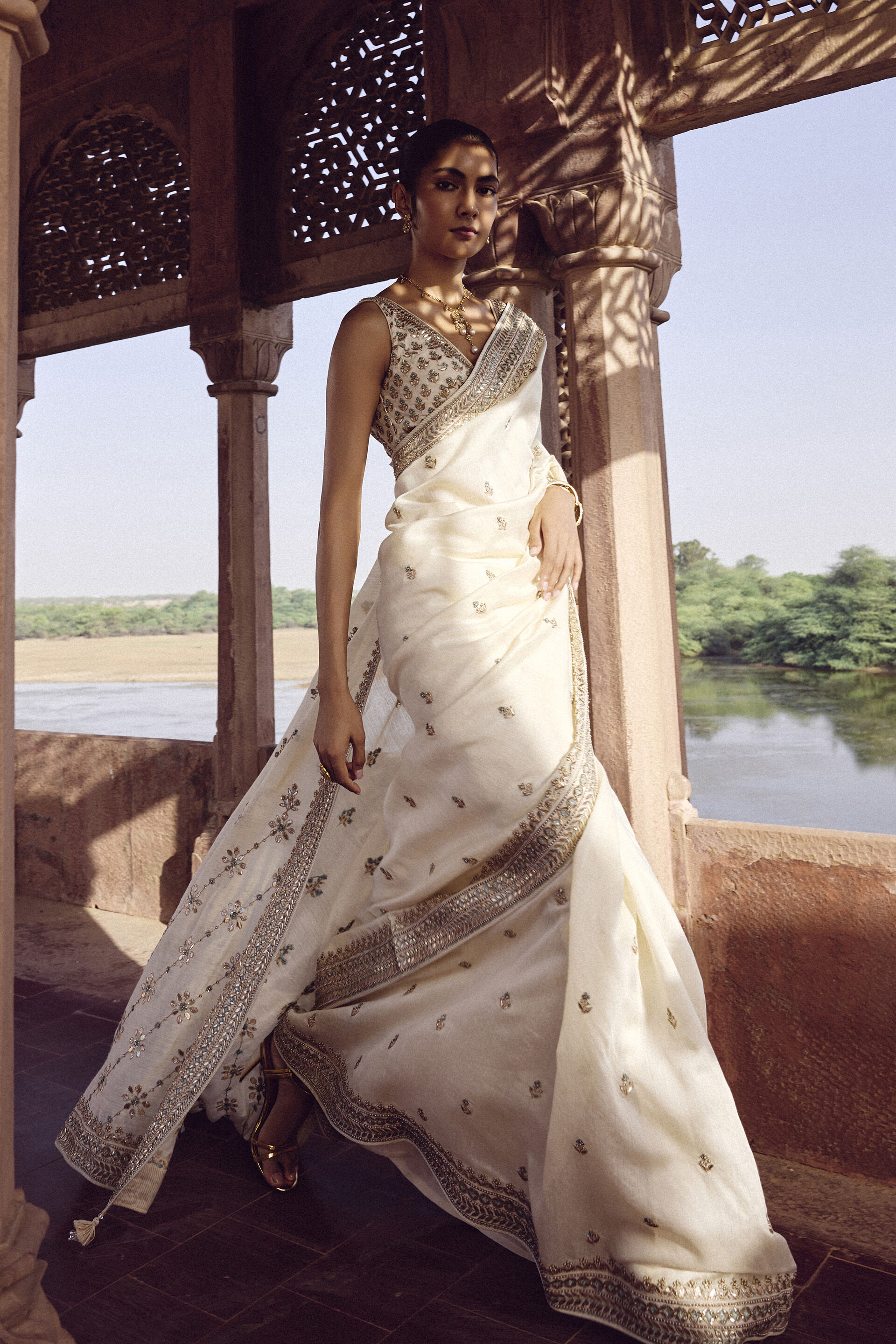 Aashrita Gota Patti Silk Saree - Ivory, Ivory, image 3