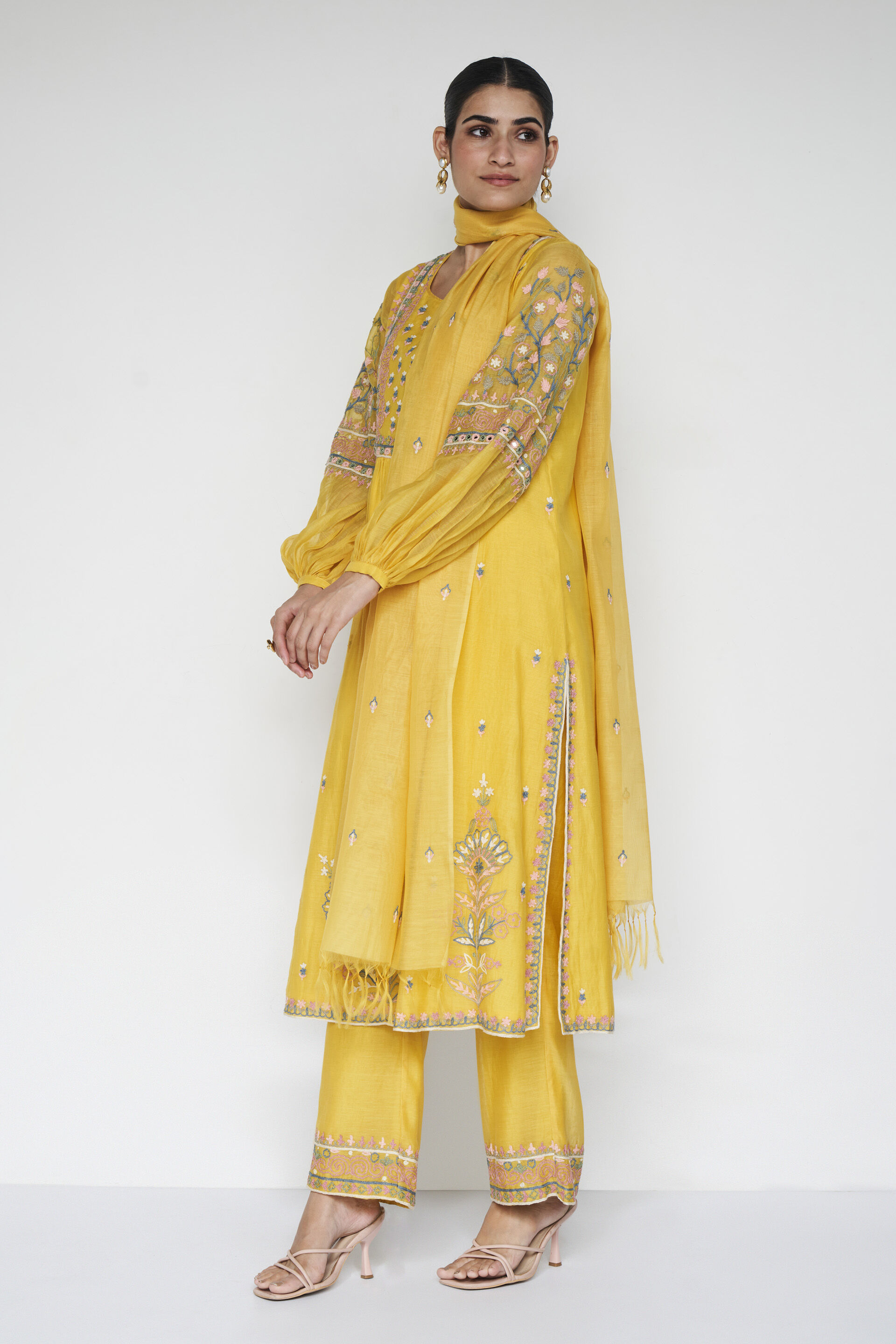 Philomel Embroidered Zardozi Silk Suit Set - Yellow, Yellow, image 5