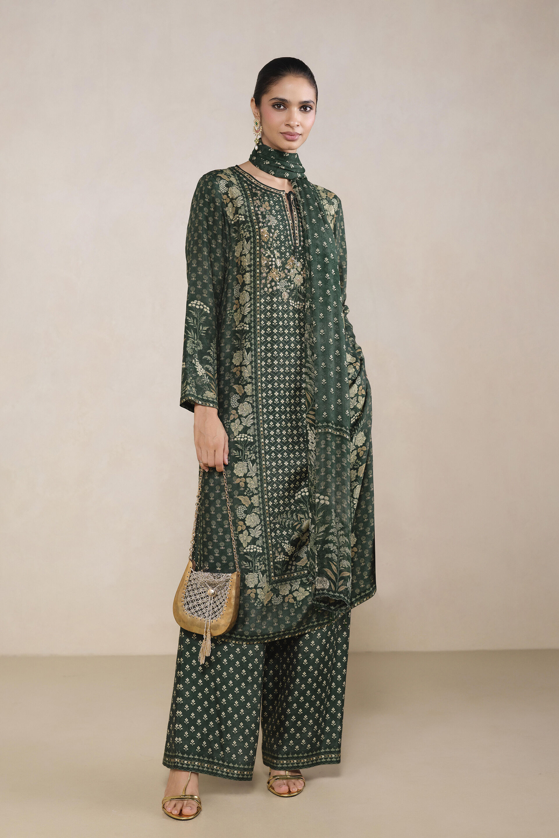 Kriti Printed Suit Set in Green, Green, image 1