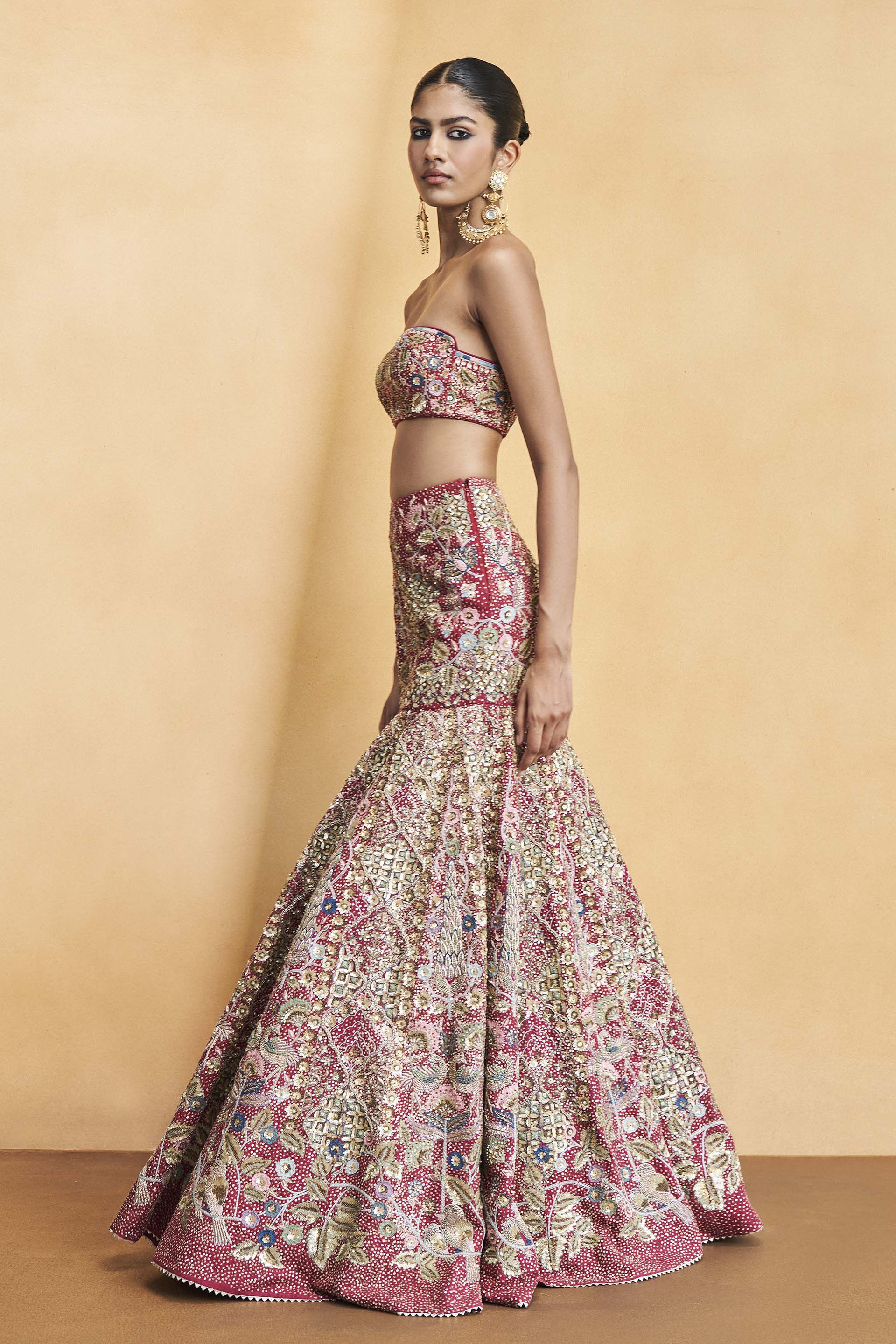 Symphony Of The Wilderness Embroidered Zardozi Silk Fishtail Skirt Set - Wine