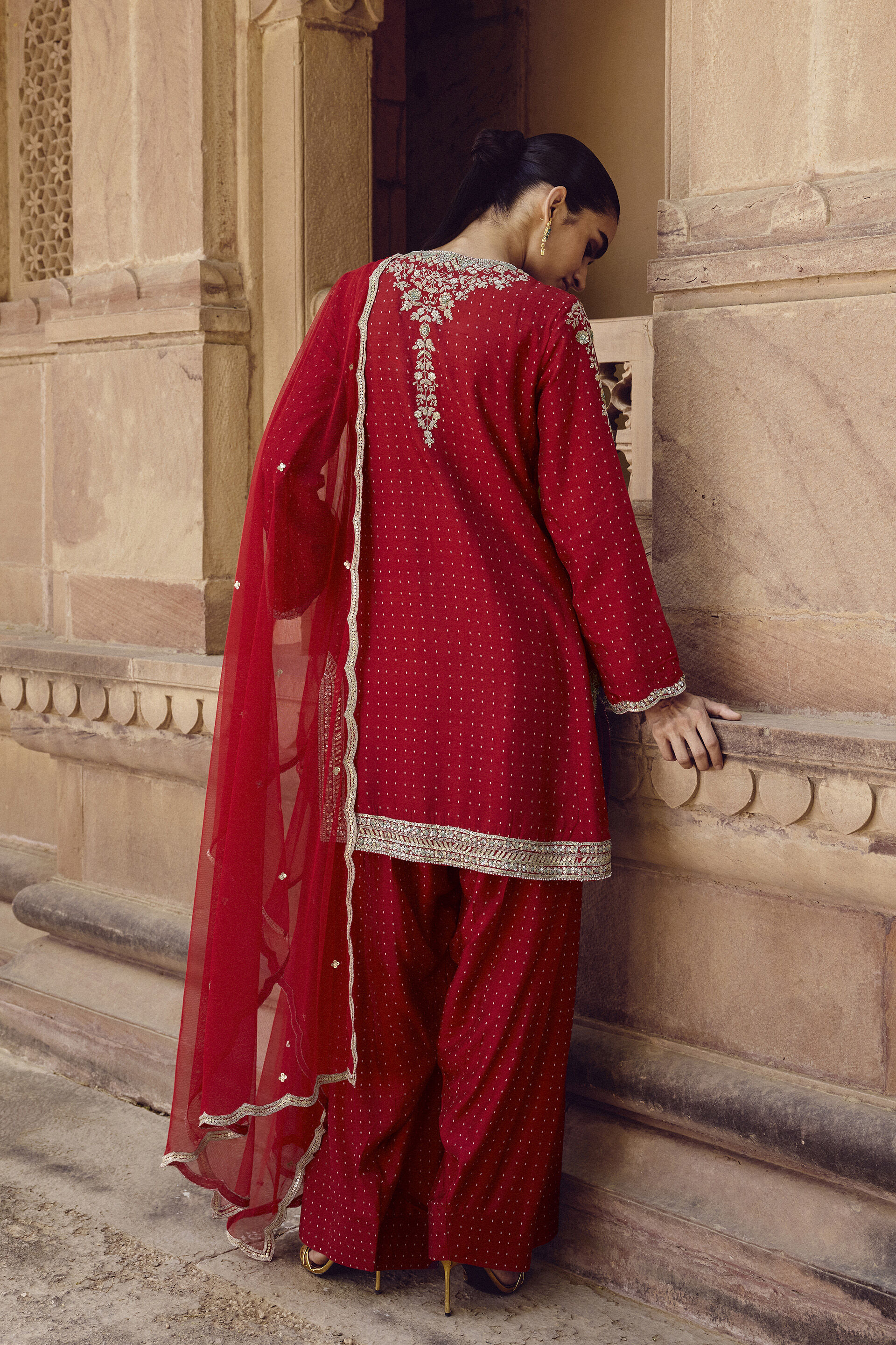 Sindhura Embroidered Silk Short Suit Set - Red