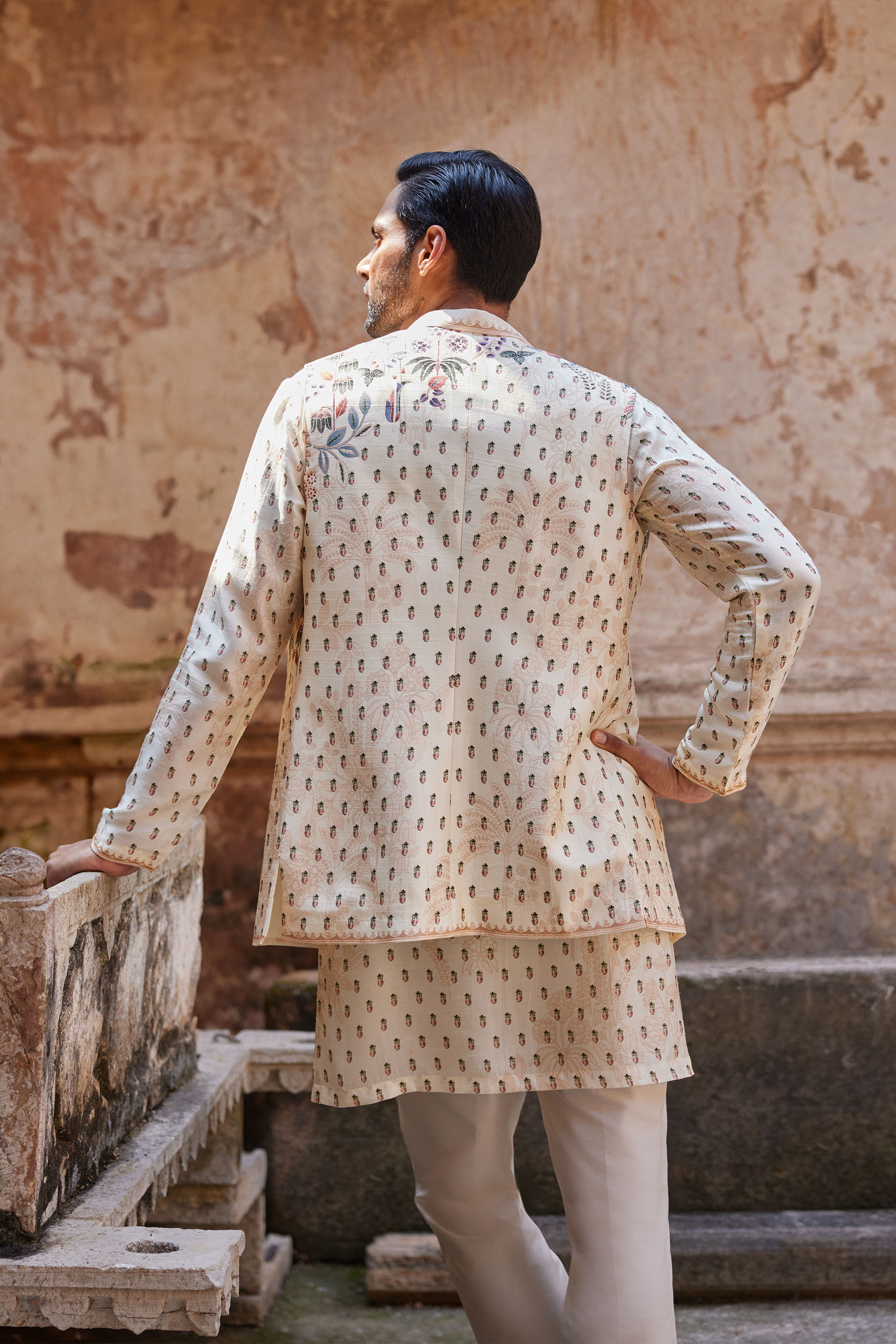 Kalhar Printed Silk Nehru Jacket - Ivory, Ivory, image 4
