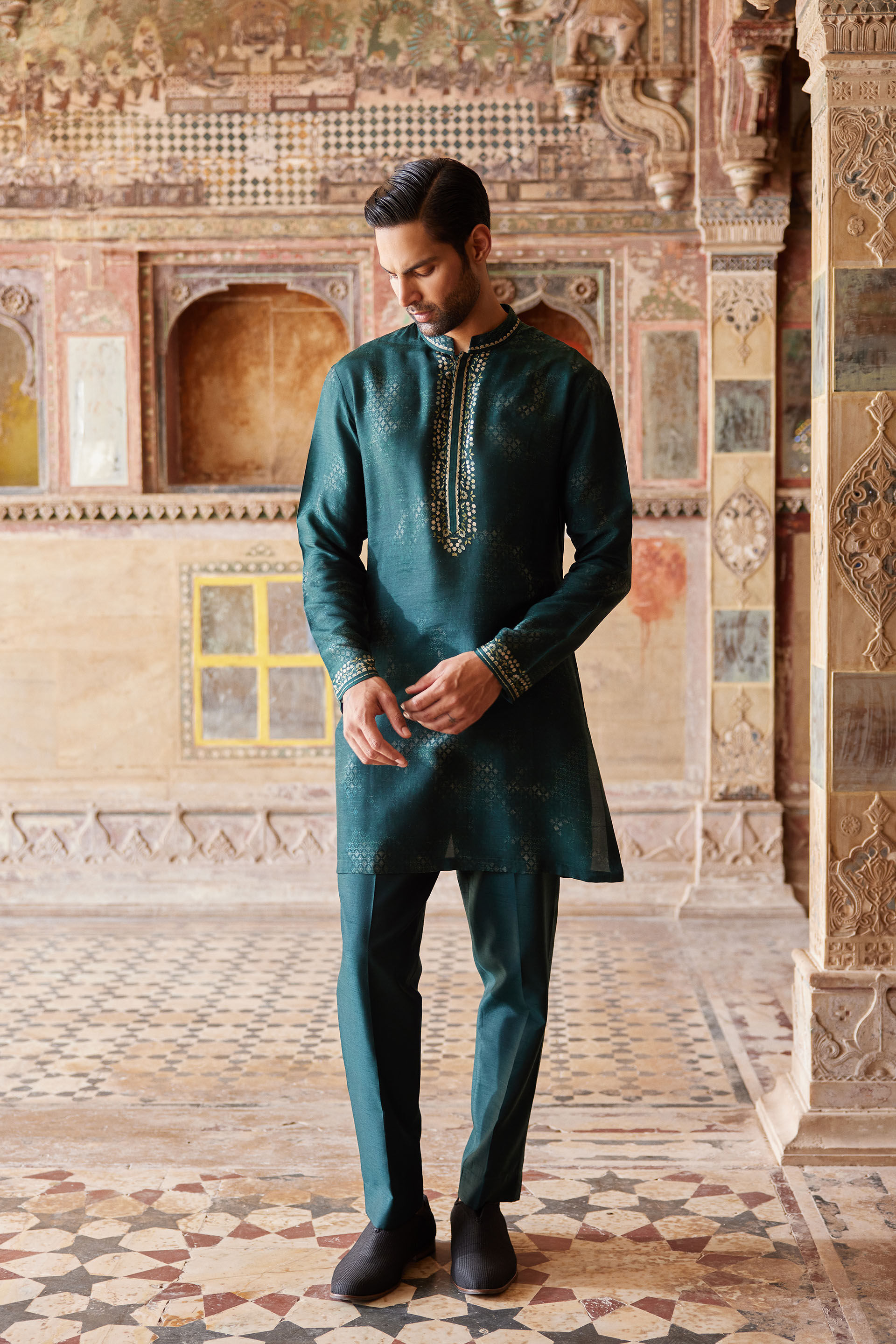 Khidr Printed Silk Kurta - Green