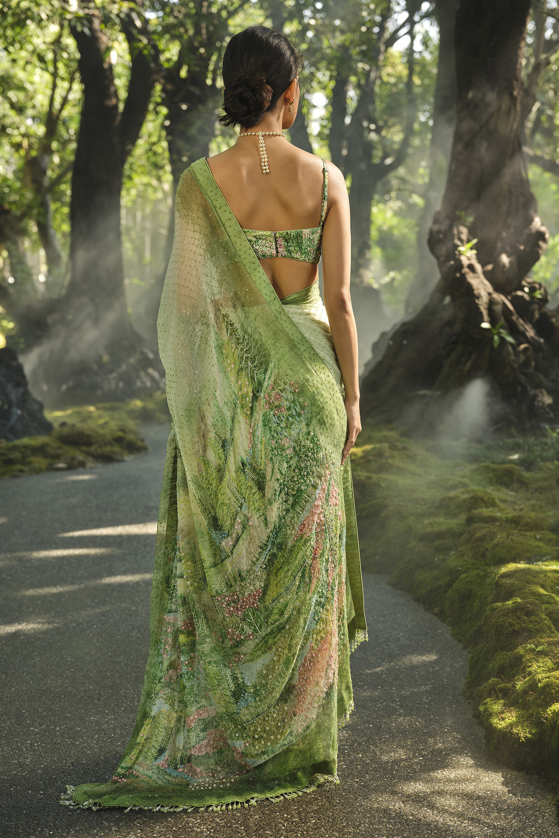 The Liveforest Embroidered Chiffon Saree - Green, Green, image 2