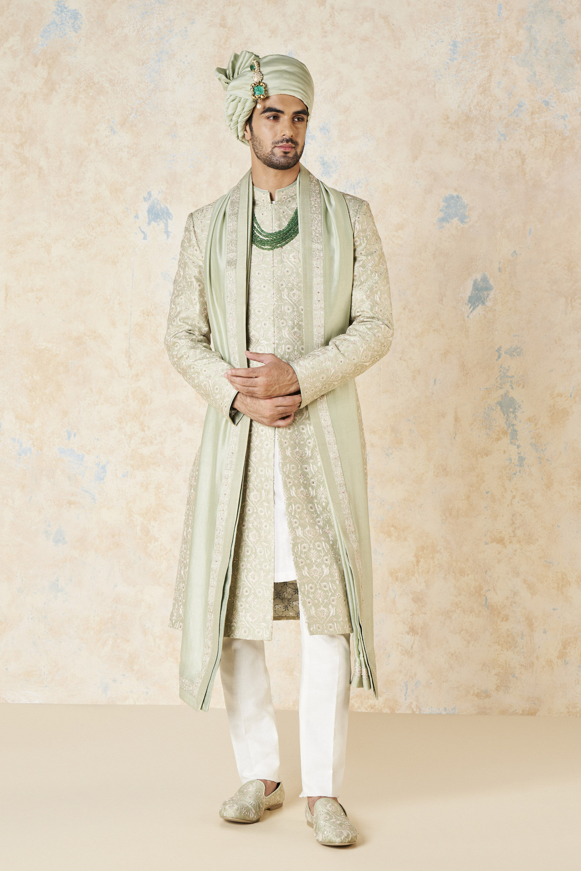 Aajay Zardozi & Aari Silk Sherwani - Sage