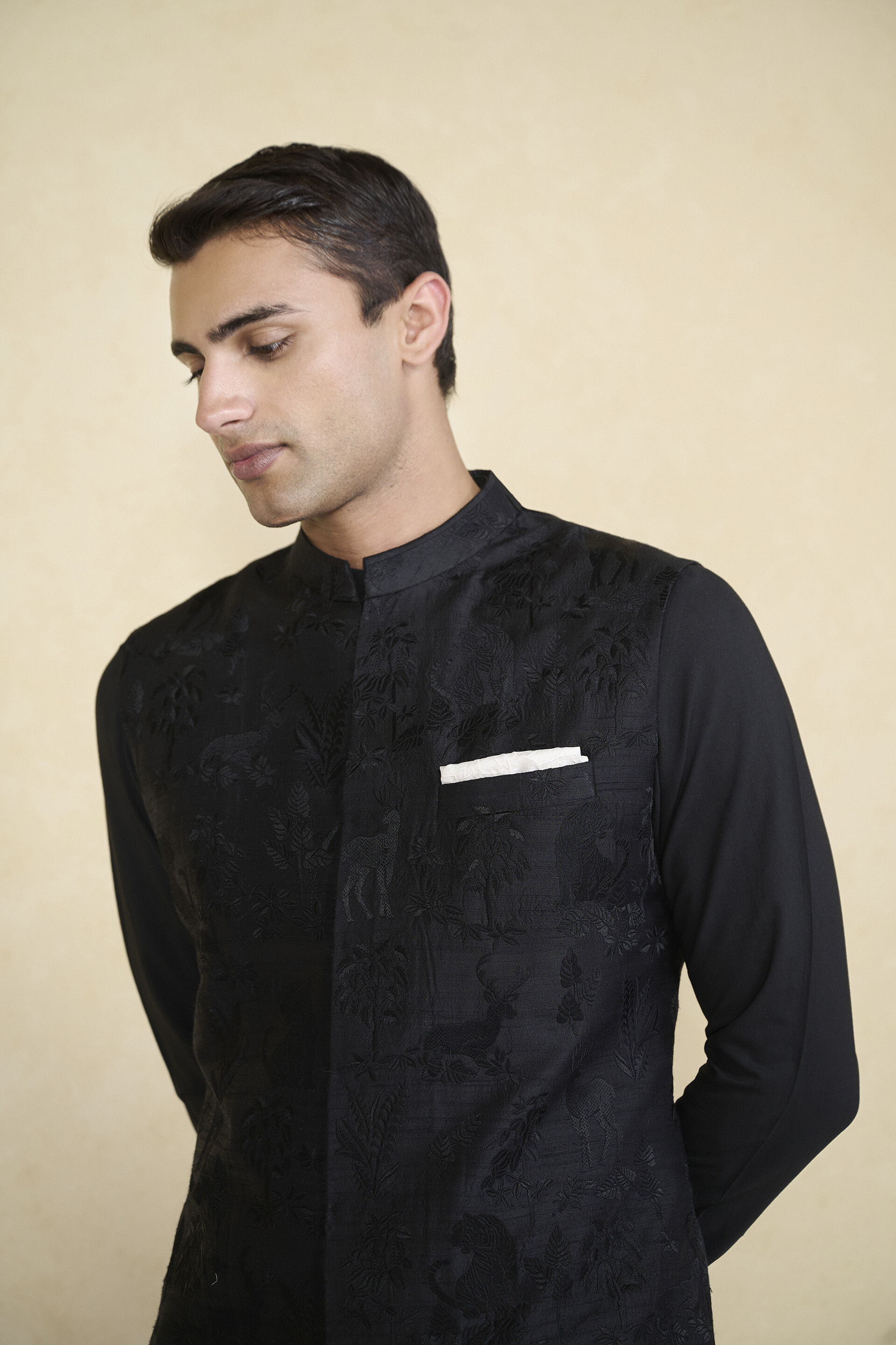 Atik Embroidered Silk Nehru Jacket - Black, Black, image 4