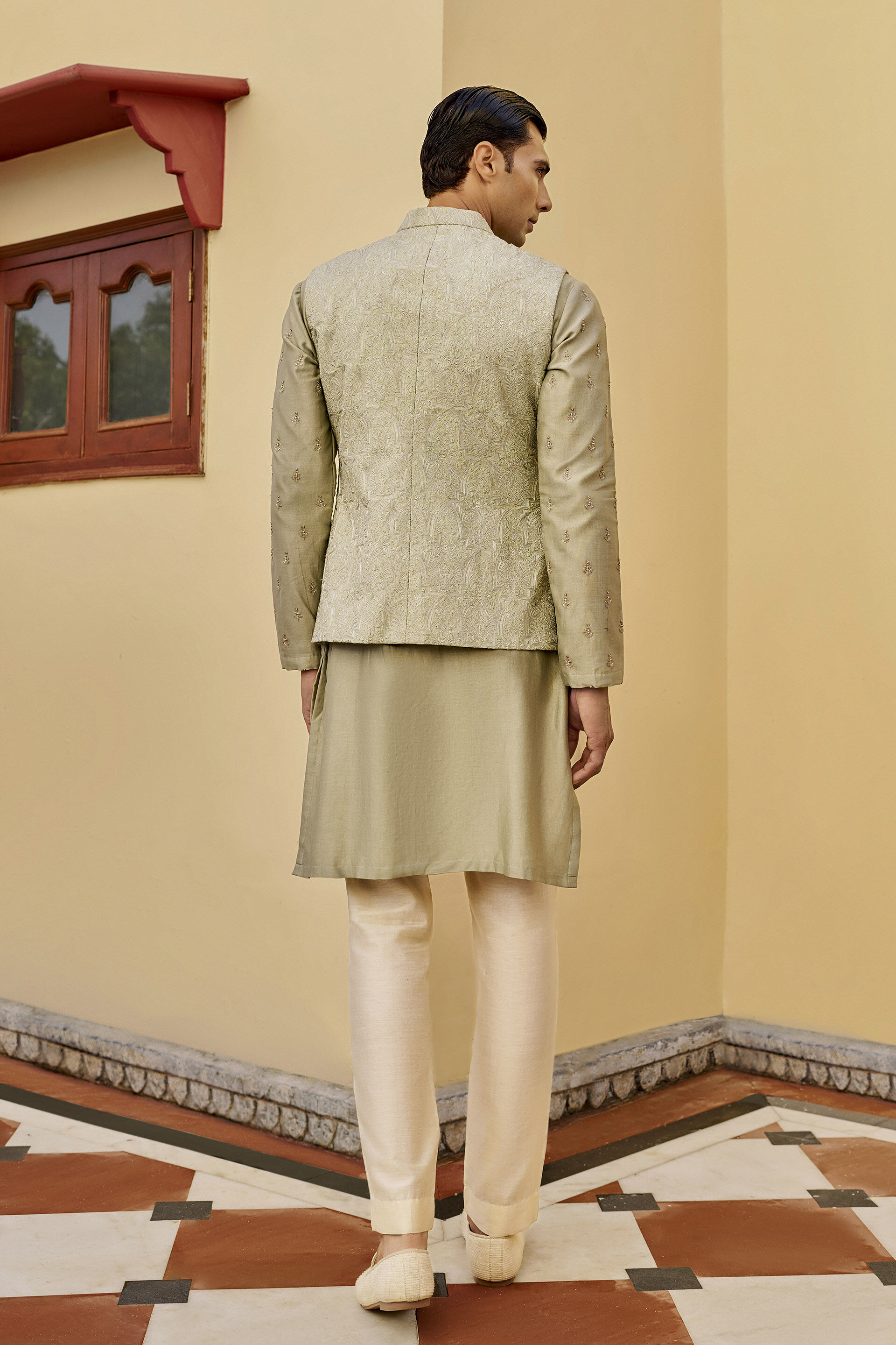 Fondness Embroidered Silk Nehru Jacket - Sage, Sage, image 2