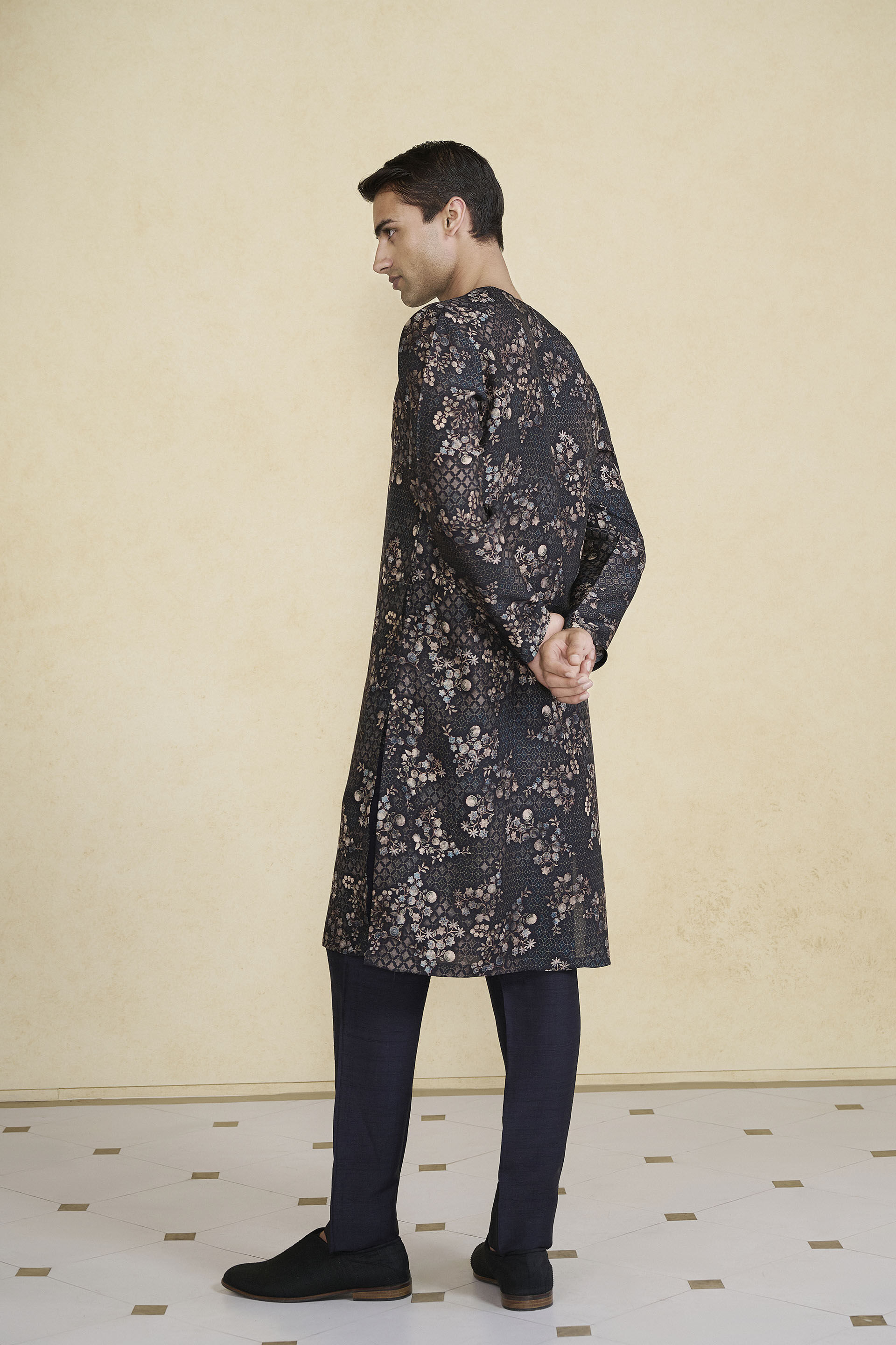Rukham Printed Silk Kurta - Black, Black, image 4