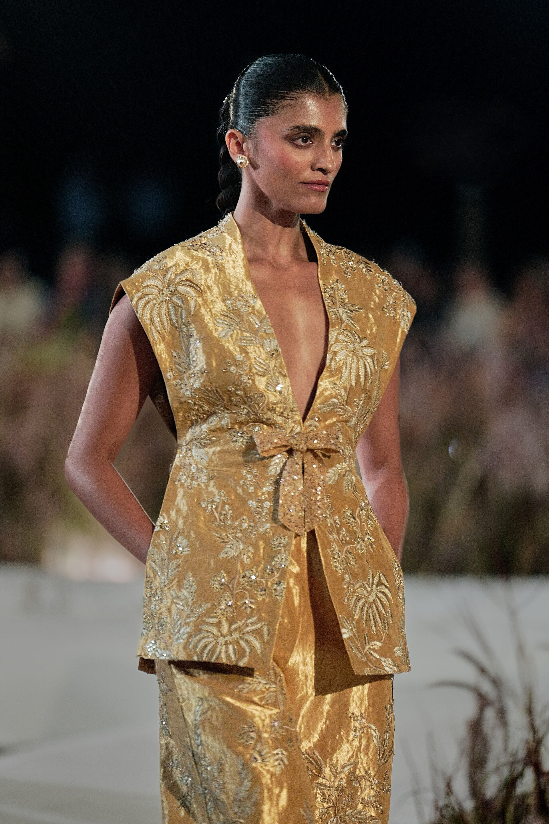 Summerfern Embroidered Applique Silk Pant Set - Gold, Gold, image 2