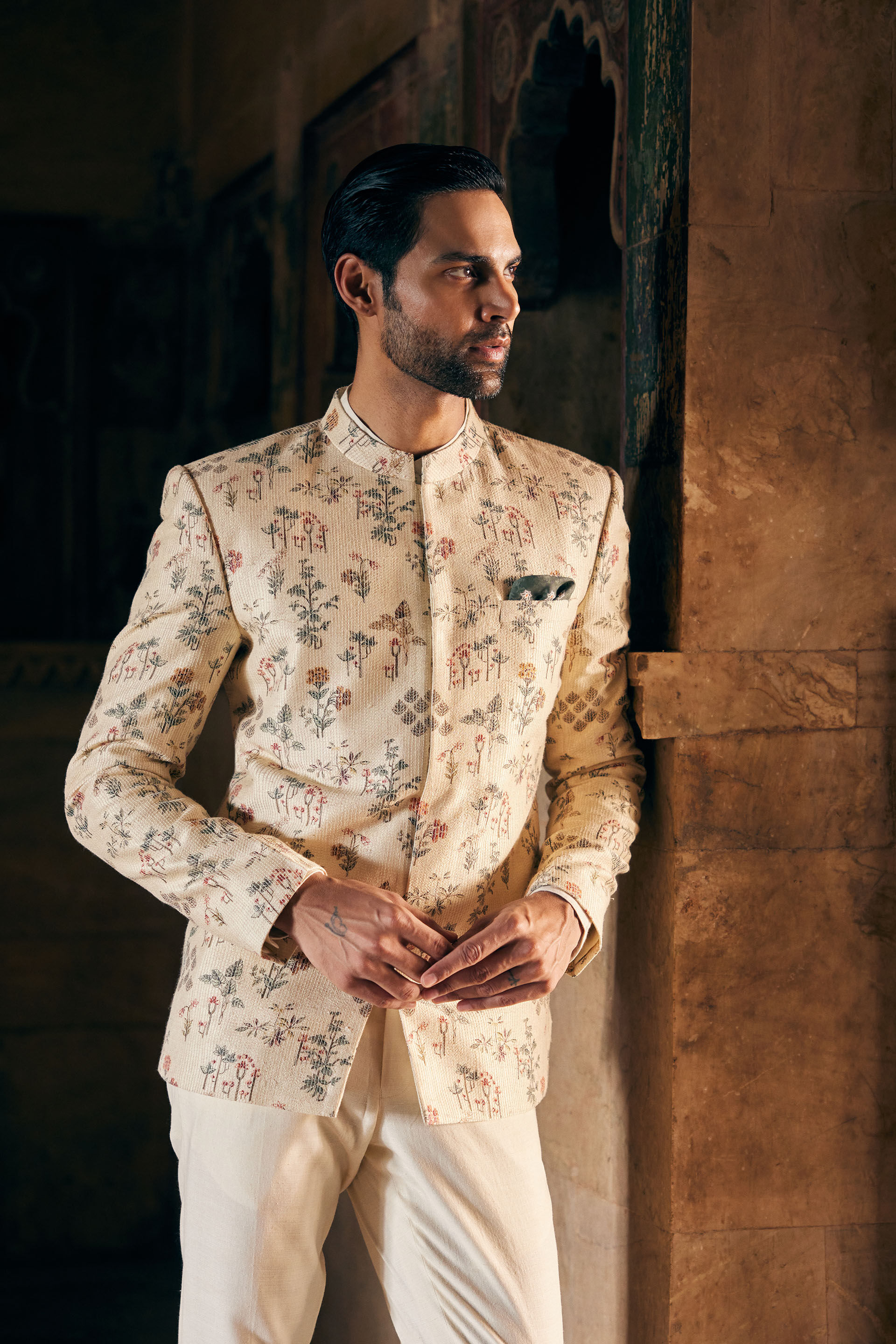Suhan Printed Silk Bandhgala - Cream, Cream, image 3