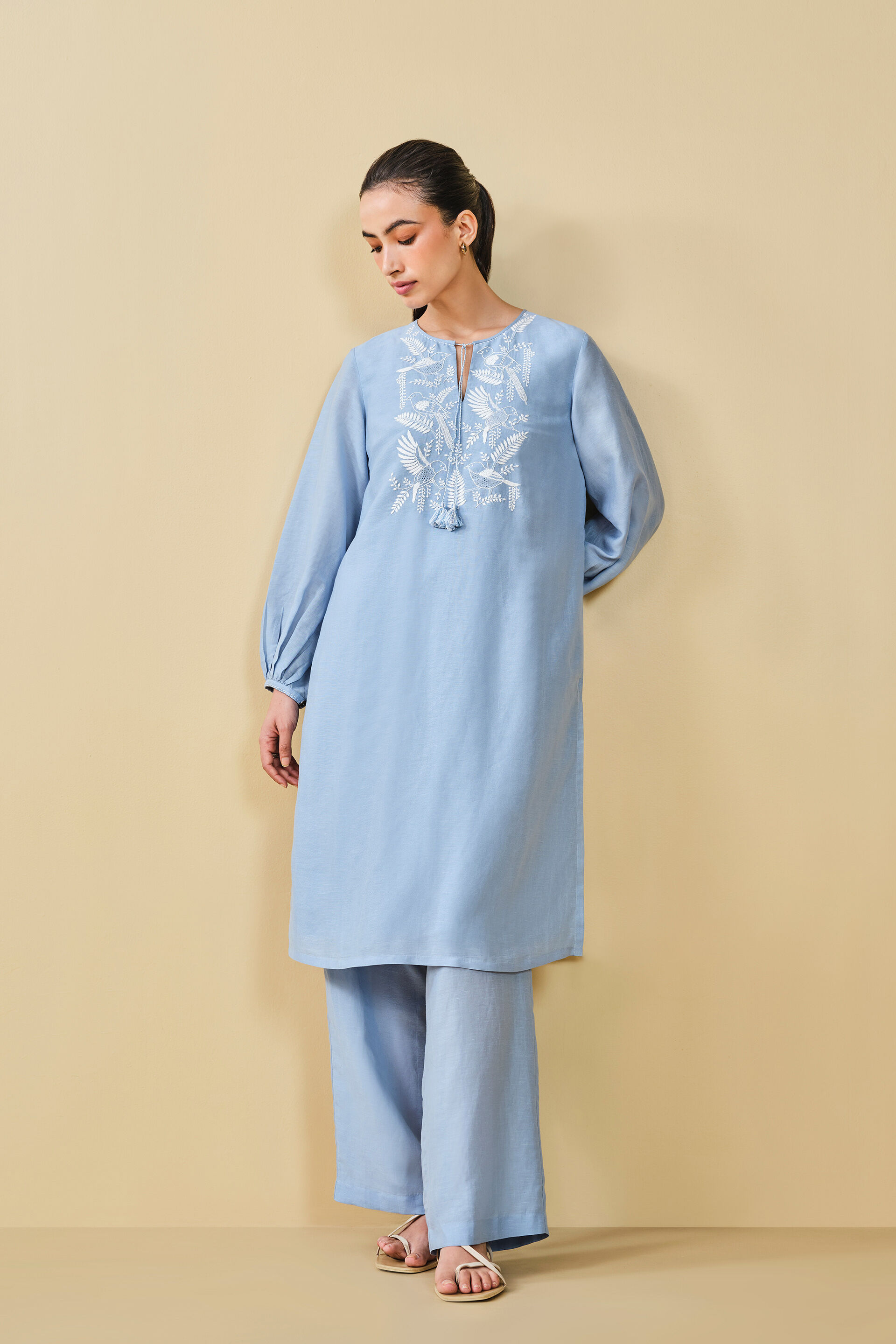 Cloud Sky Hand-embroidered Chikankari Linen Co-ord - Blue, Blue, image 5
