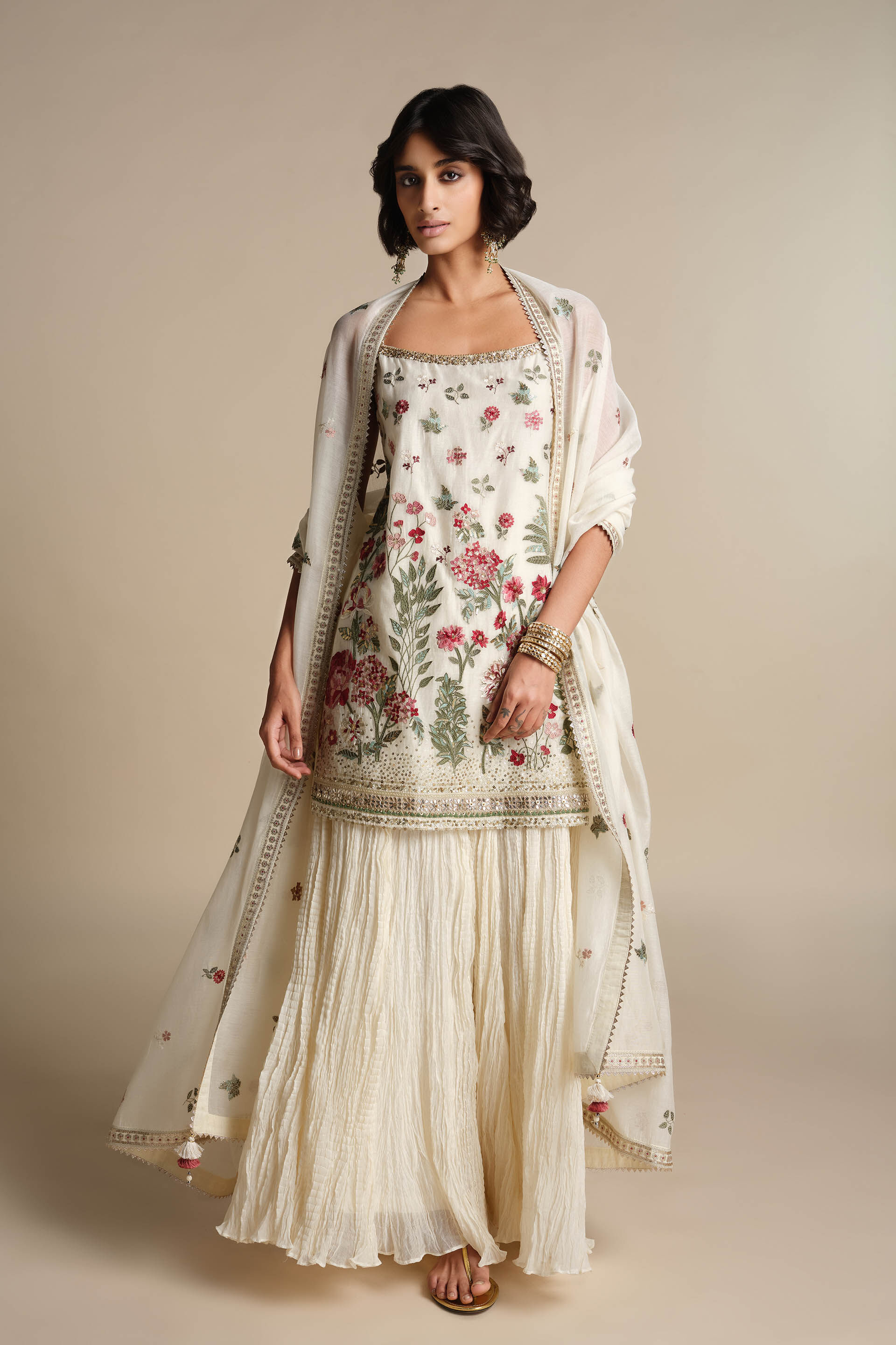Alazne Embroidered Mul Sharara Set - Ivory, Natural, image 1