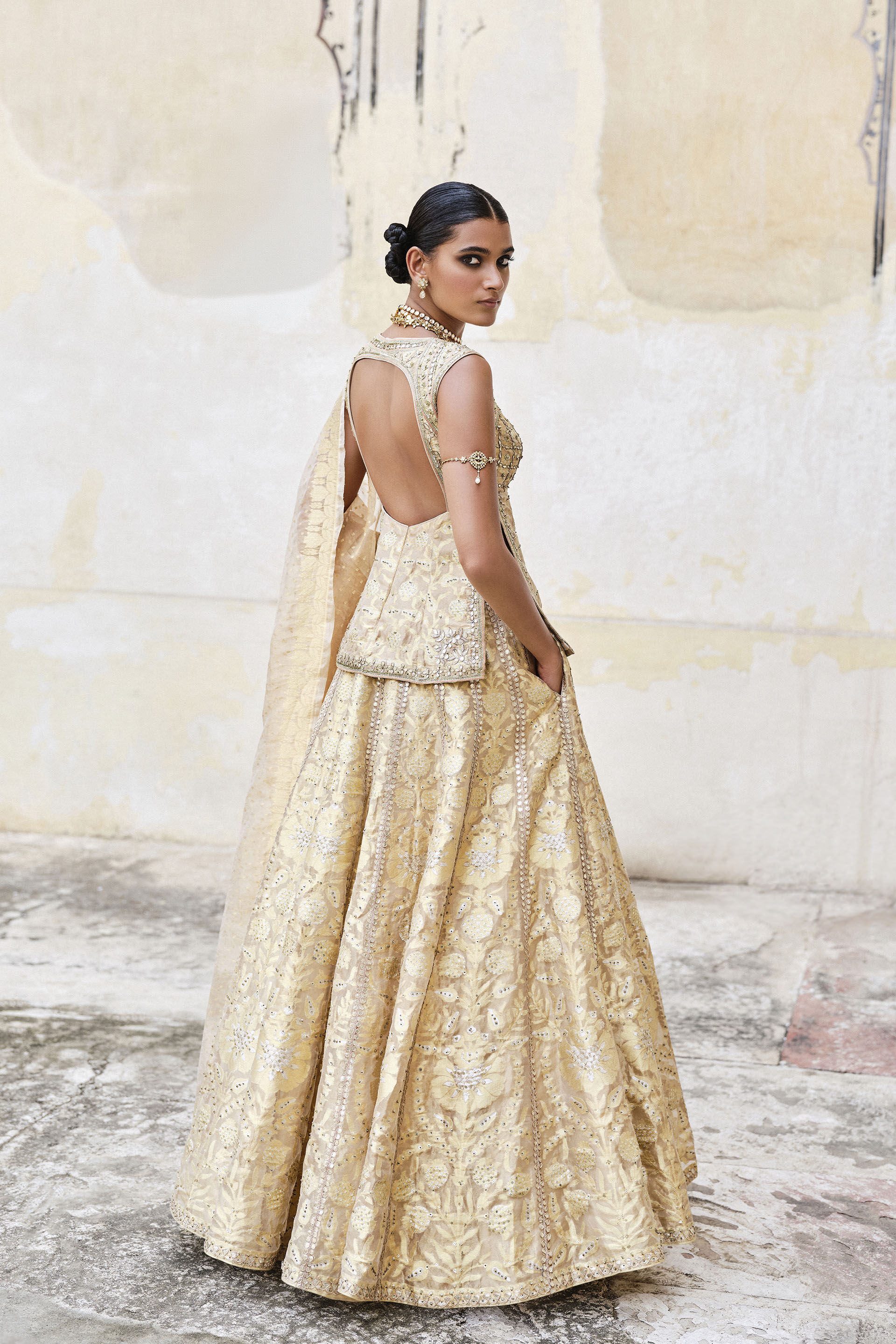 Ramsha Handwoven Benarasi Silk Lehenga Set - Gold