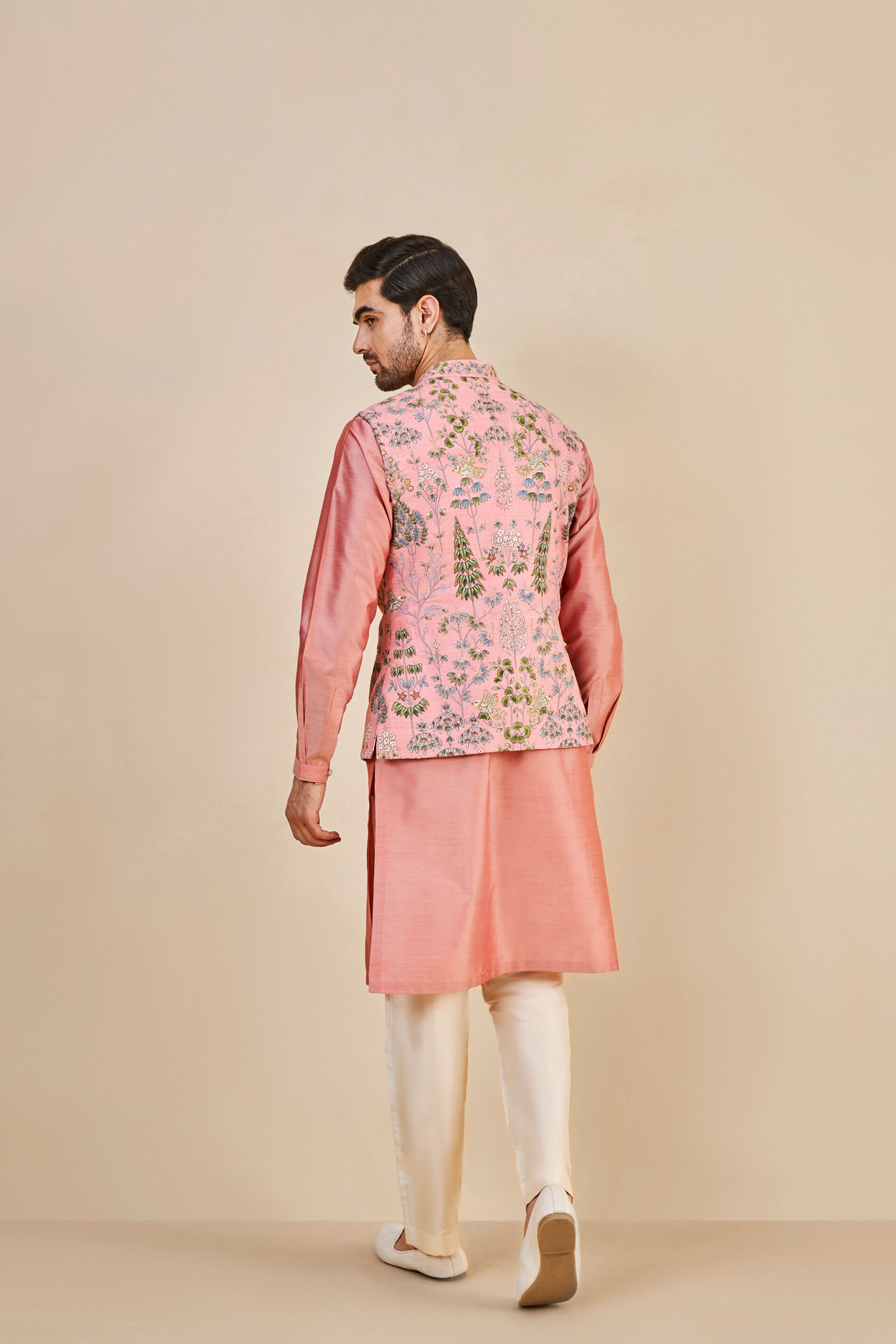 Nalesh Hand-painted Pichhwai Silk Nehru Jacket - Pink, Pink, image 3