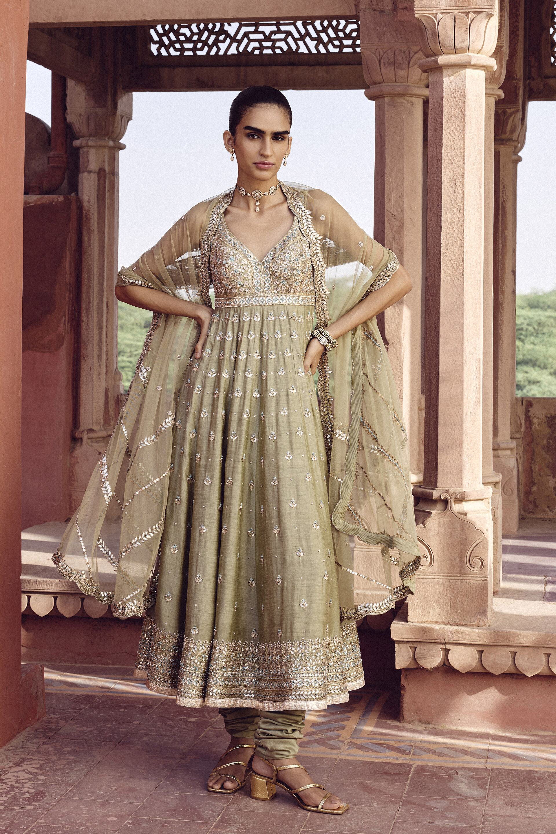 Bhuvana Gota Patti Silk Anarkali Set - Sage, Sage, image 1