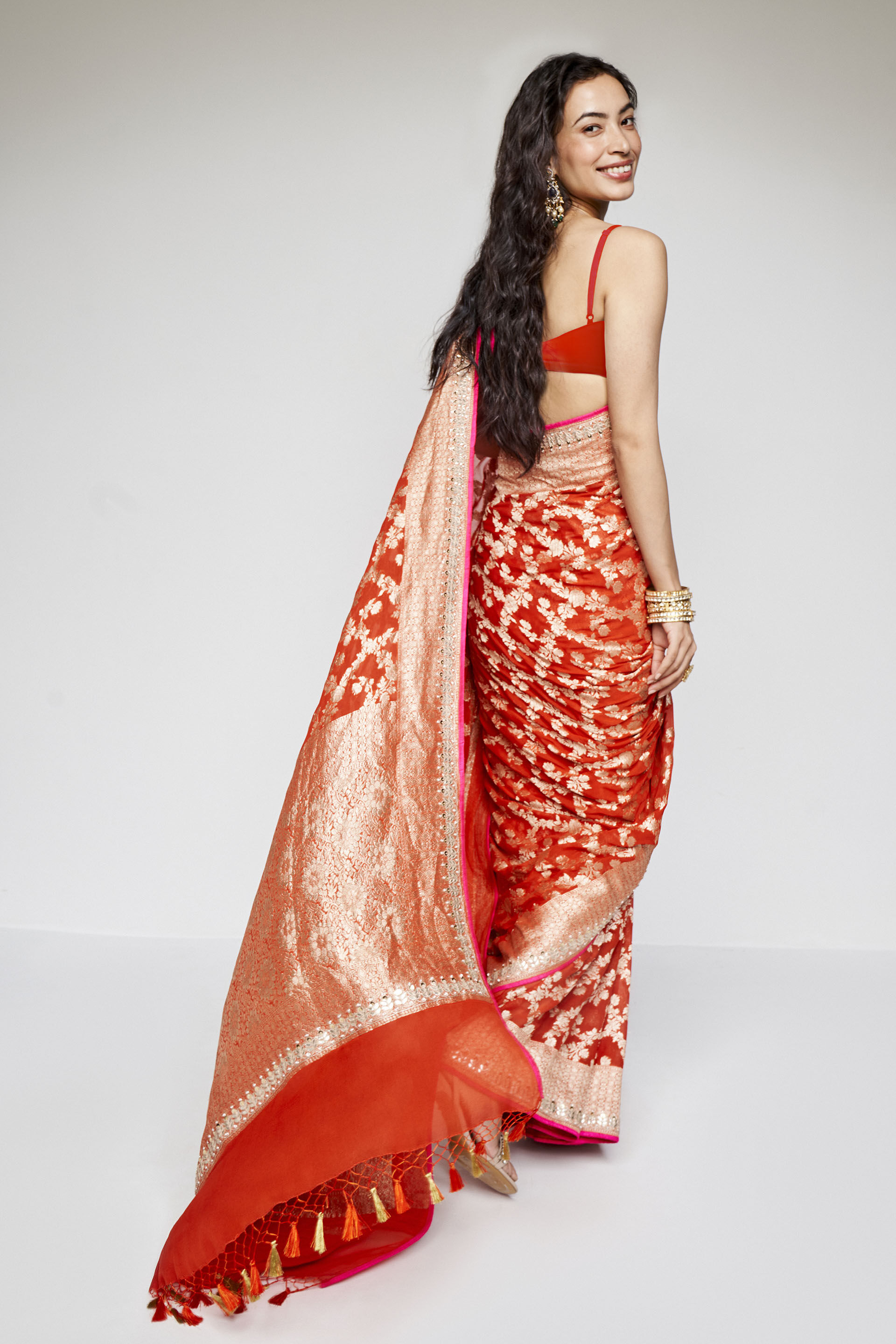 Nazaha Benarasi Silk Embroidered Saree - Orange, Orange, image 3