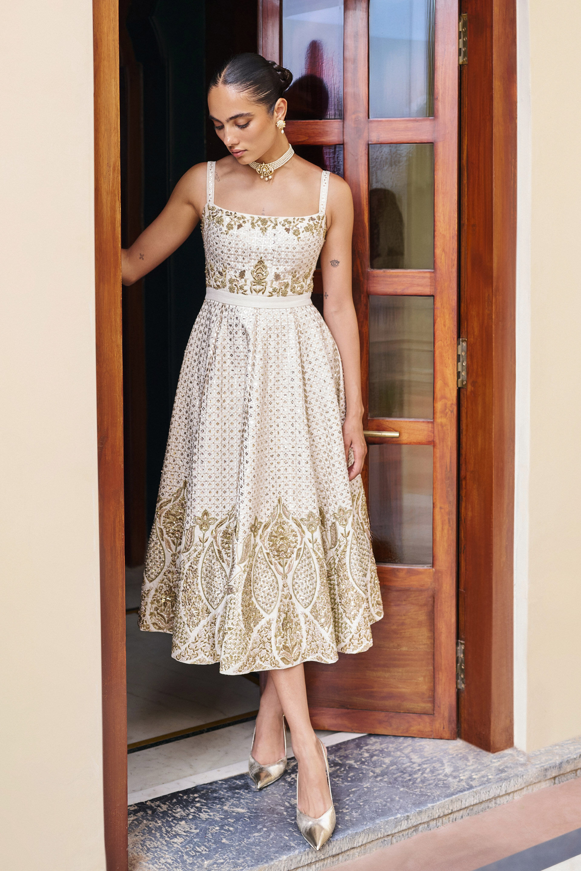 Rendezvous Gota Patti Silk Dress - ​Ivory, Ivory, image 1