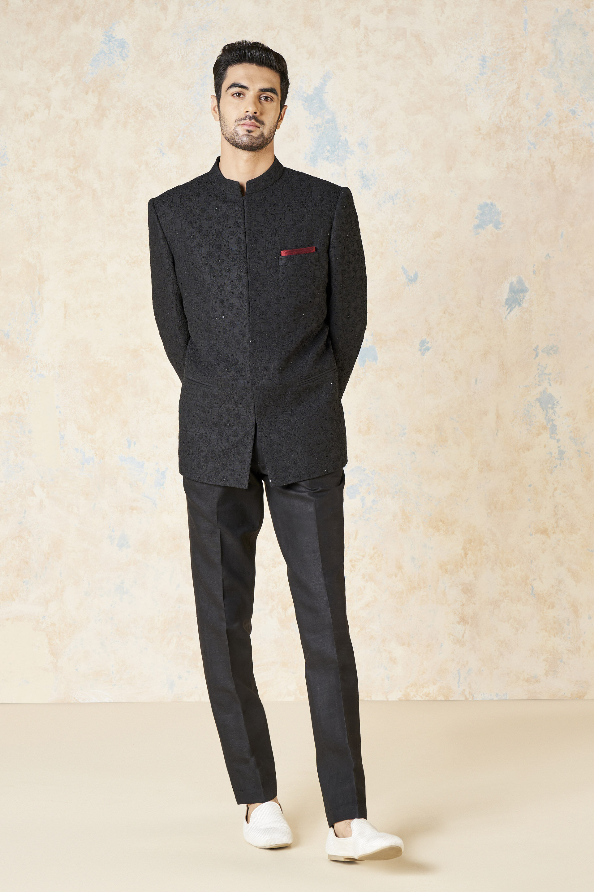 Aadav Embroidered Cord Silk Bandhgala - Black, Black, image 2