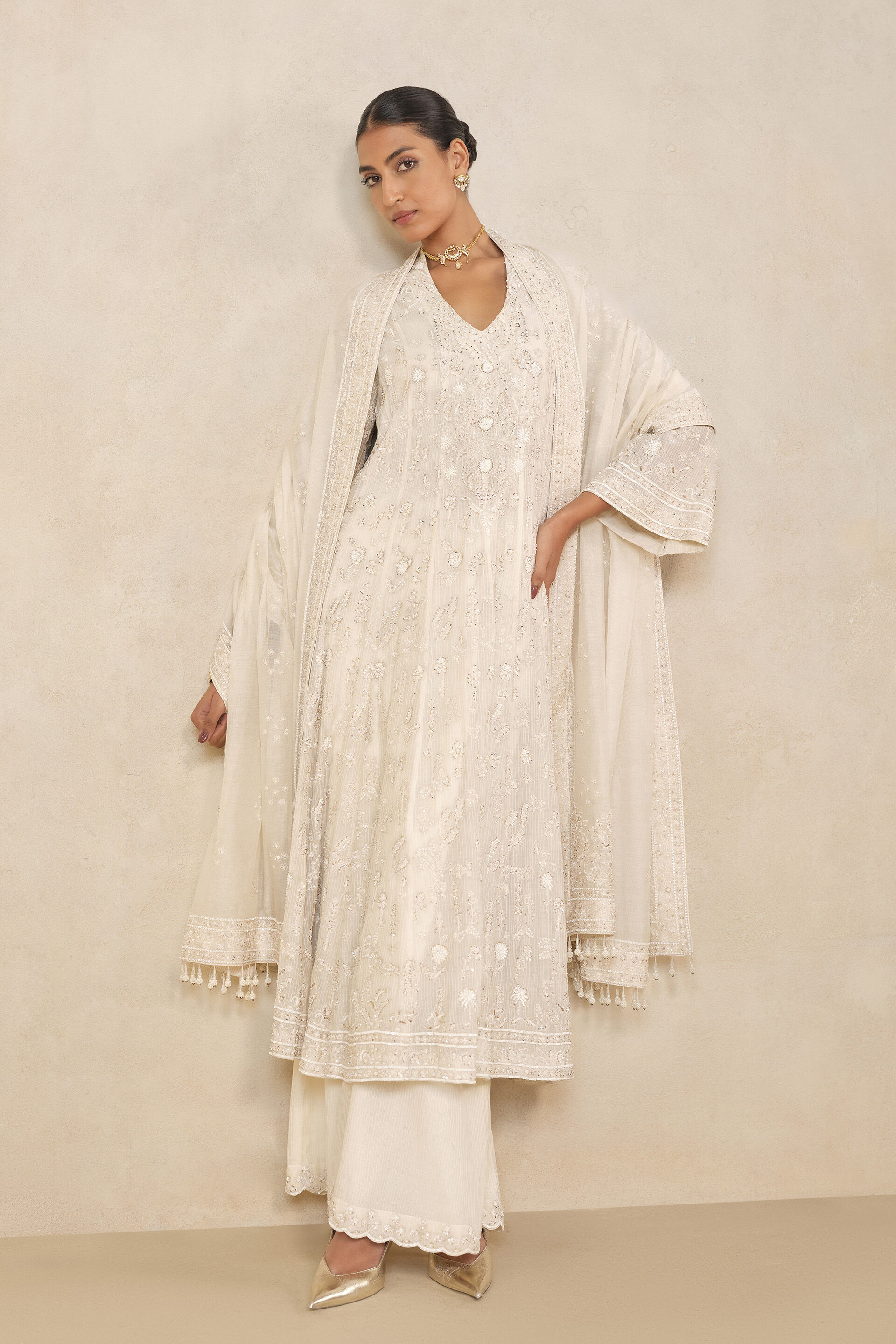 Nour Embroidered Mul Palazzo Set - Ivory