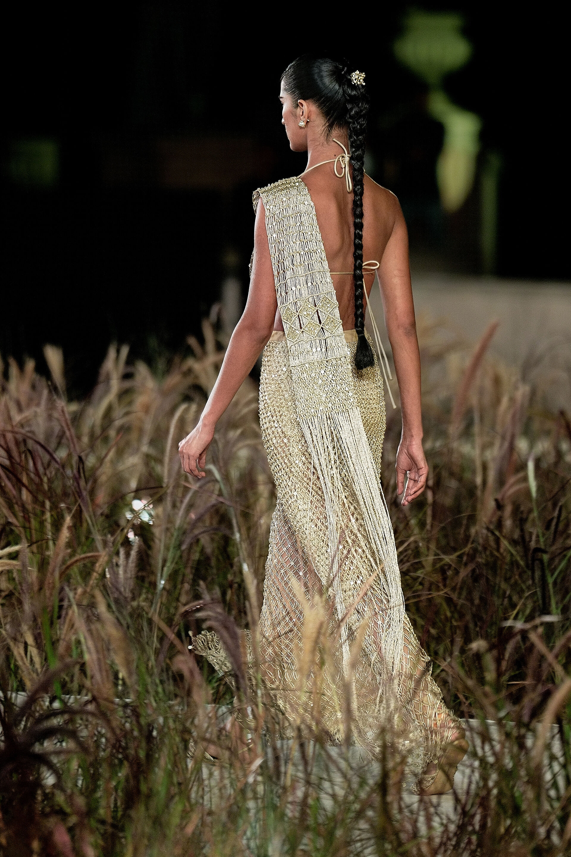 Kimbra Macrame Pre-draped Saree - Gold