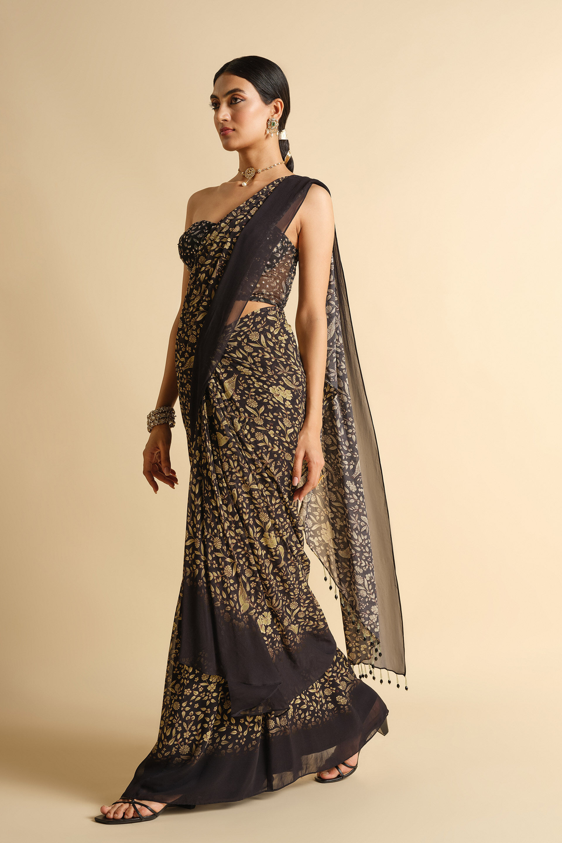 Gwylan Sequin Georgette Pre-stitched Saree - Black, Black, image 4