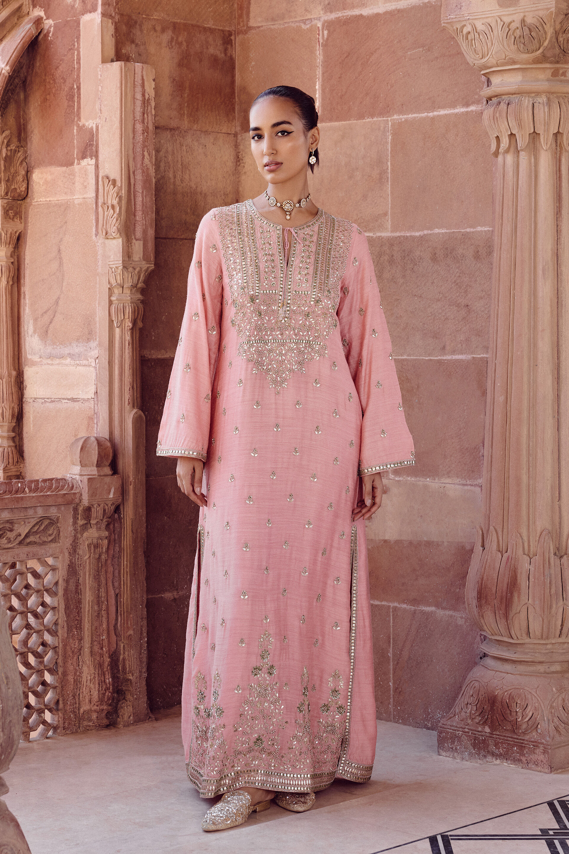 Iraja Gota Patti Silk Kaftan - Blush