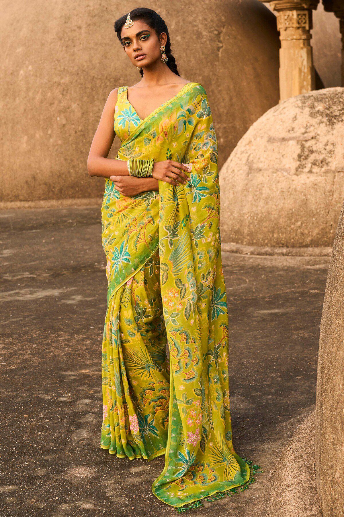 Swan Song Saree Set - Lime, Lime, image 1