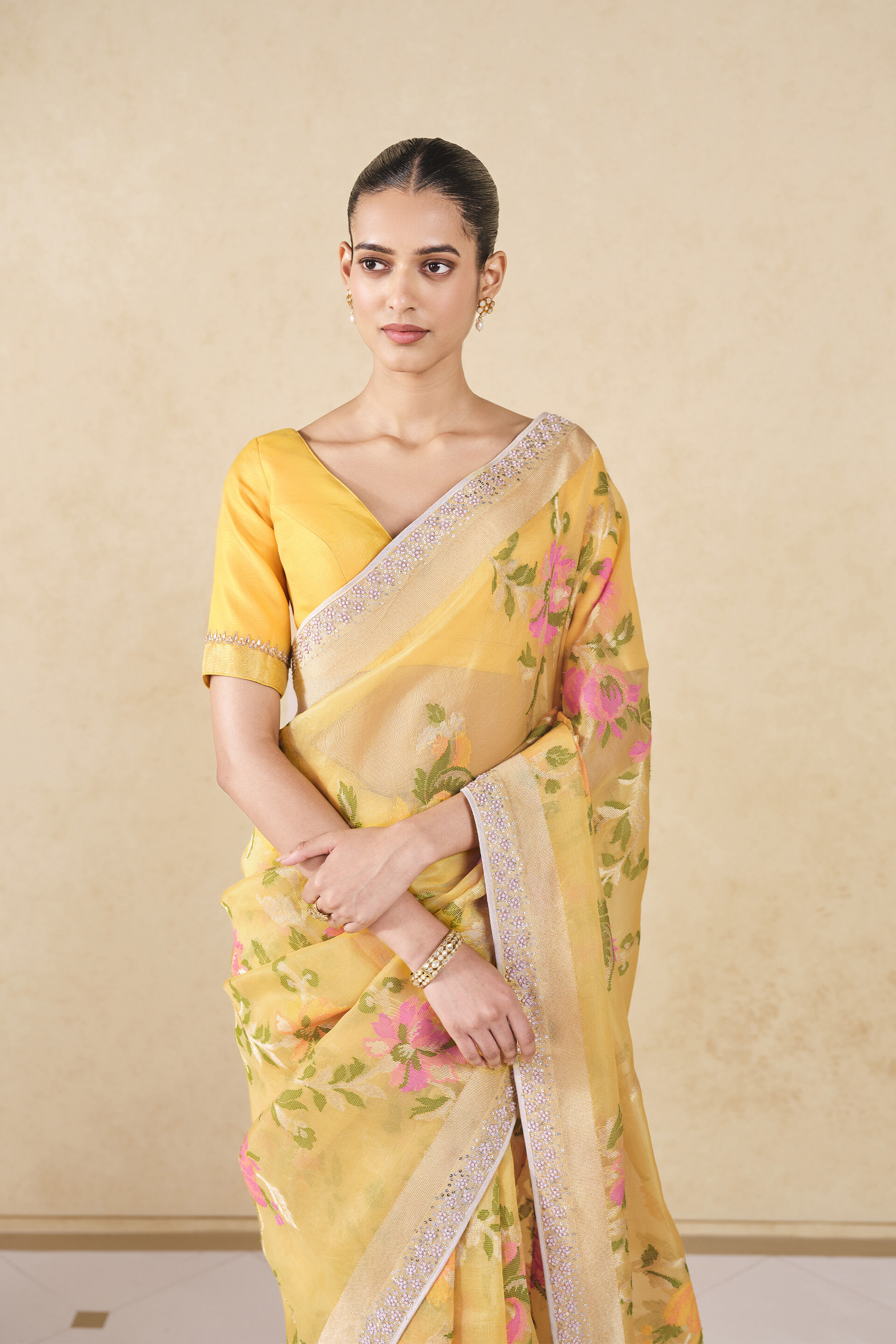 Siyam Handwoven Benarasi Silk Saree, Yellow, image 8