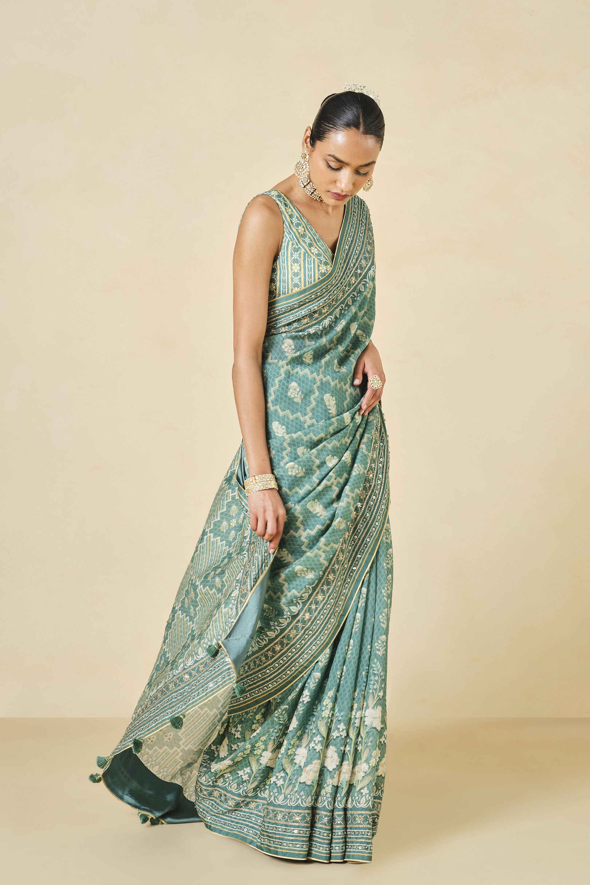 Avonmora Printed Saree - Sage, Sage, image 2