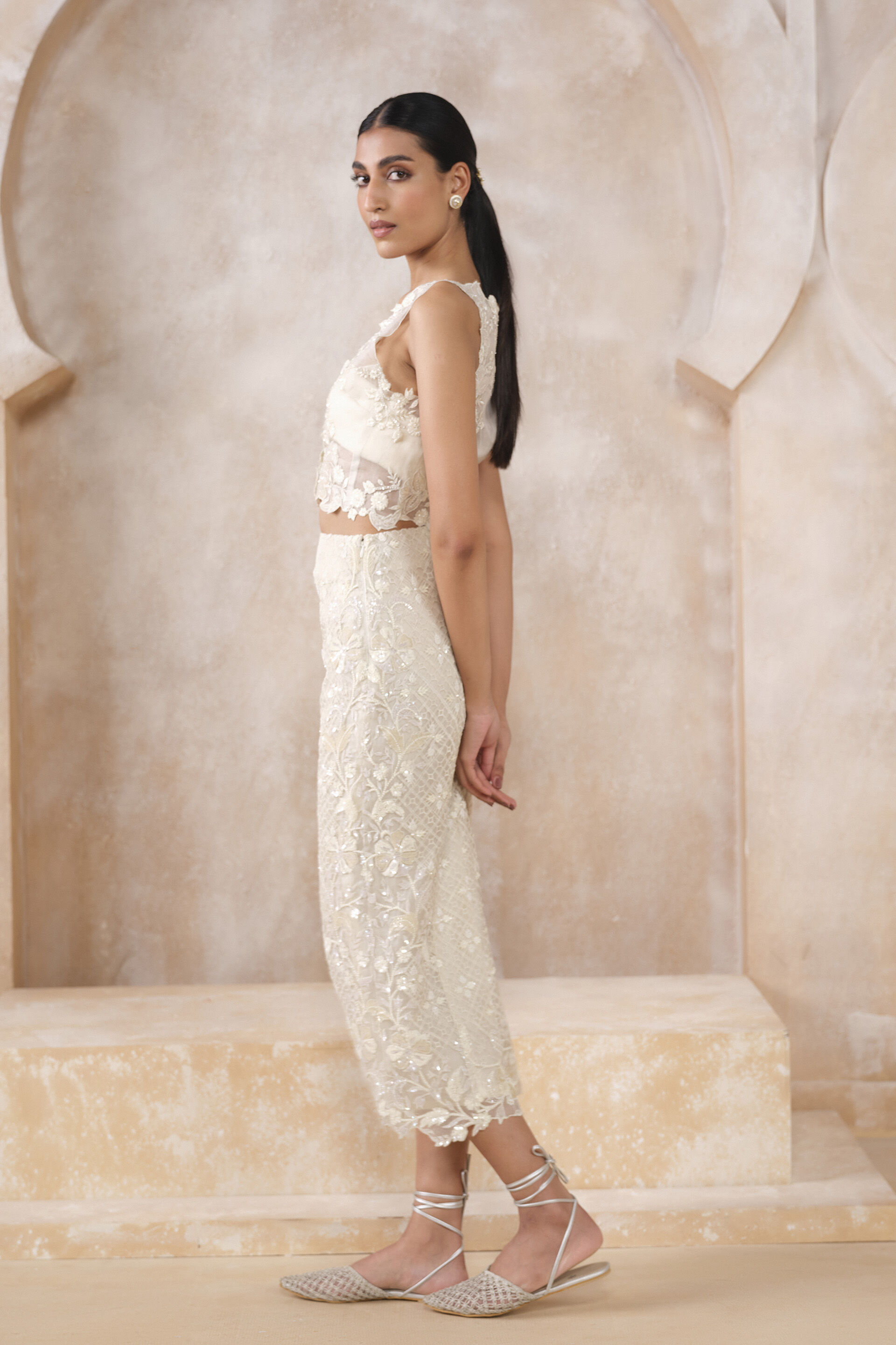 Zimal Embroidered Silk Skirt Set - Ivory, Ivory, image 3