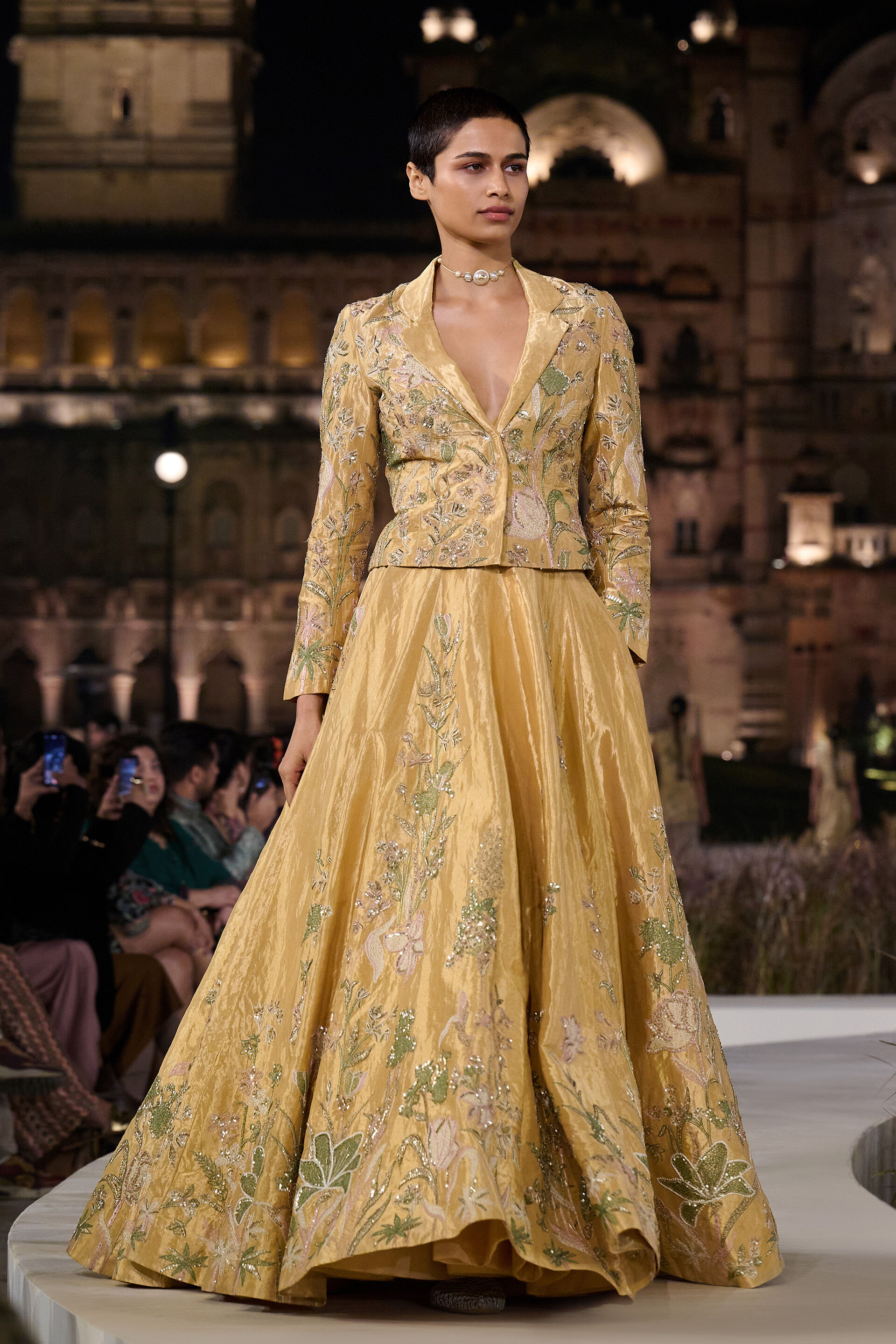 Summerfern Embroidered Applique Silk Lehenga Set - Gold, Gold, image 1