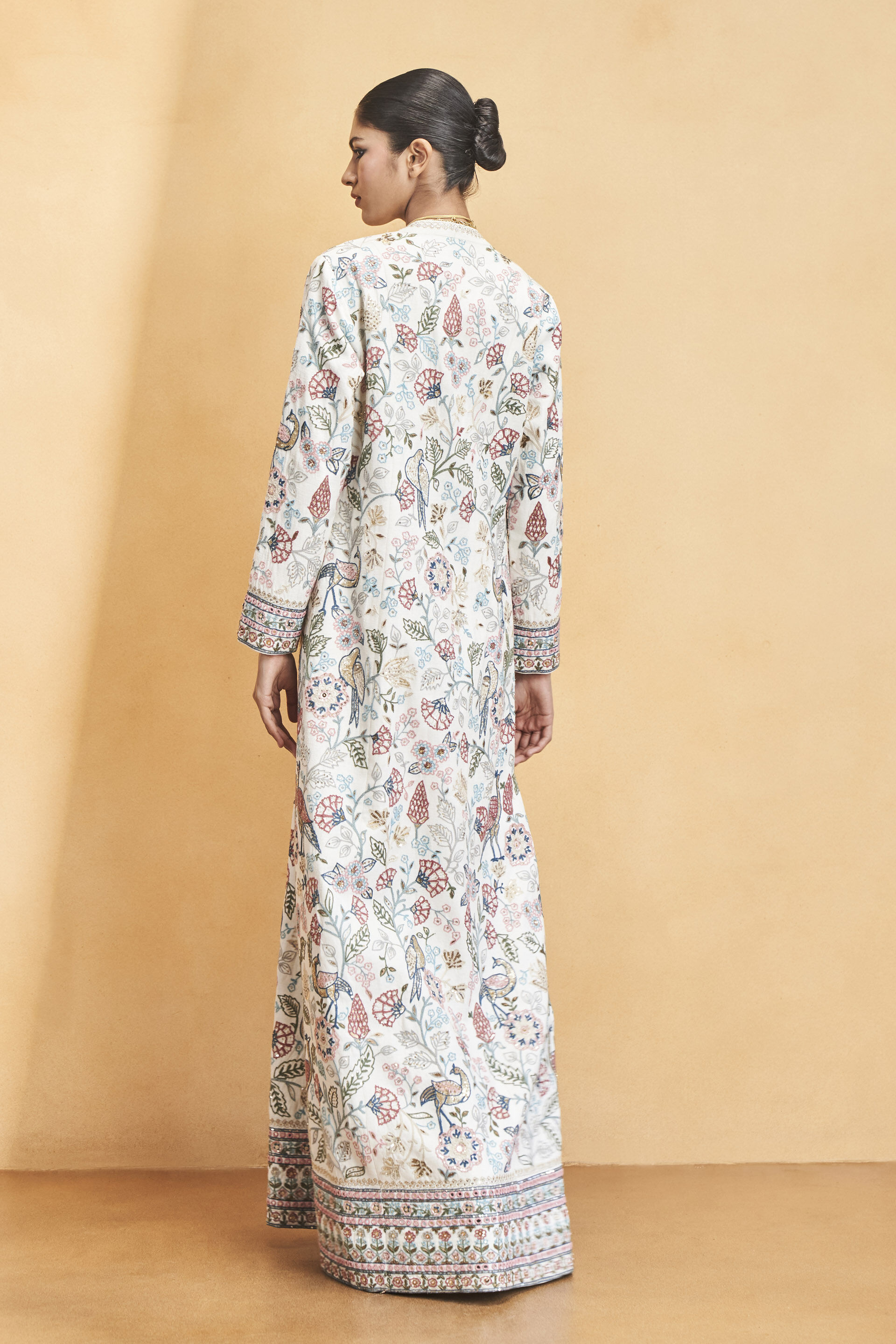 Paradise Of Flowers SEWA Hand-embroidered Silk Overlayer Set - Cream