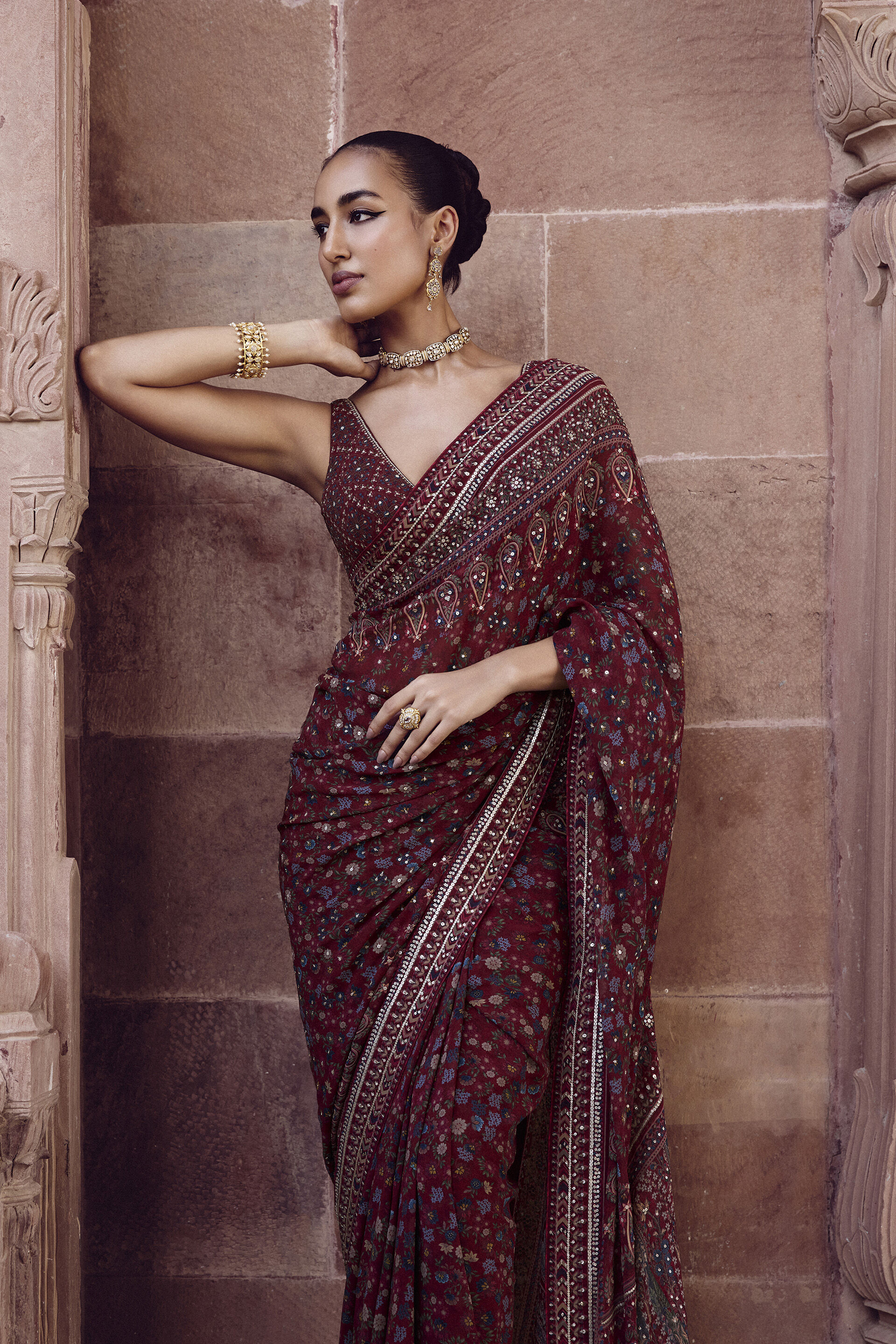 Amalaka Sequin Georgette Saree - Deep Red, Red, image 3