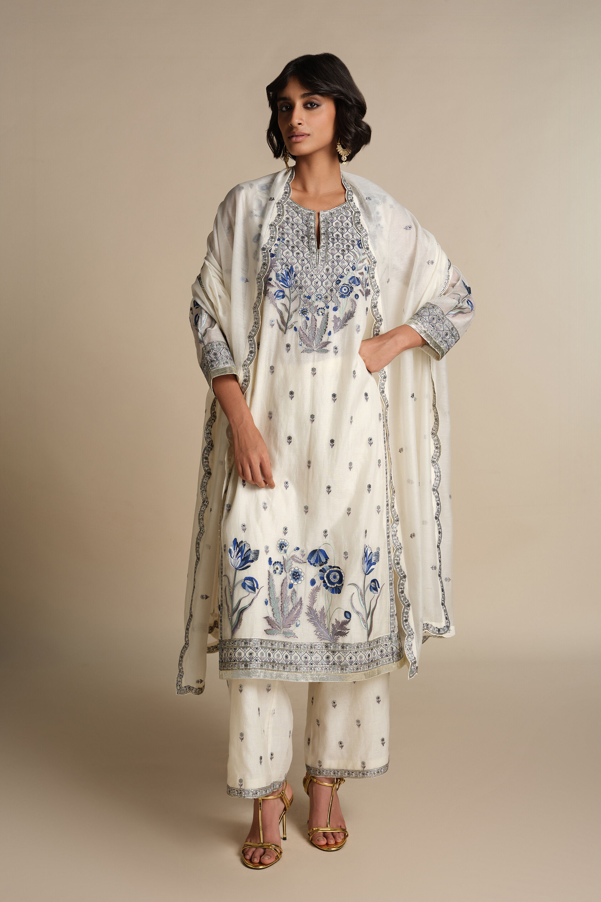 Libna Embroidered Mul Suit Set - Blue, White, image 1