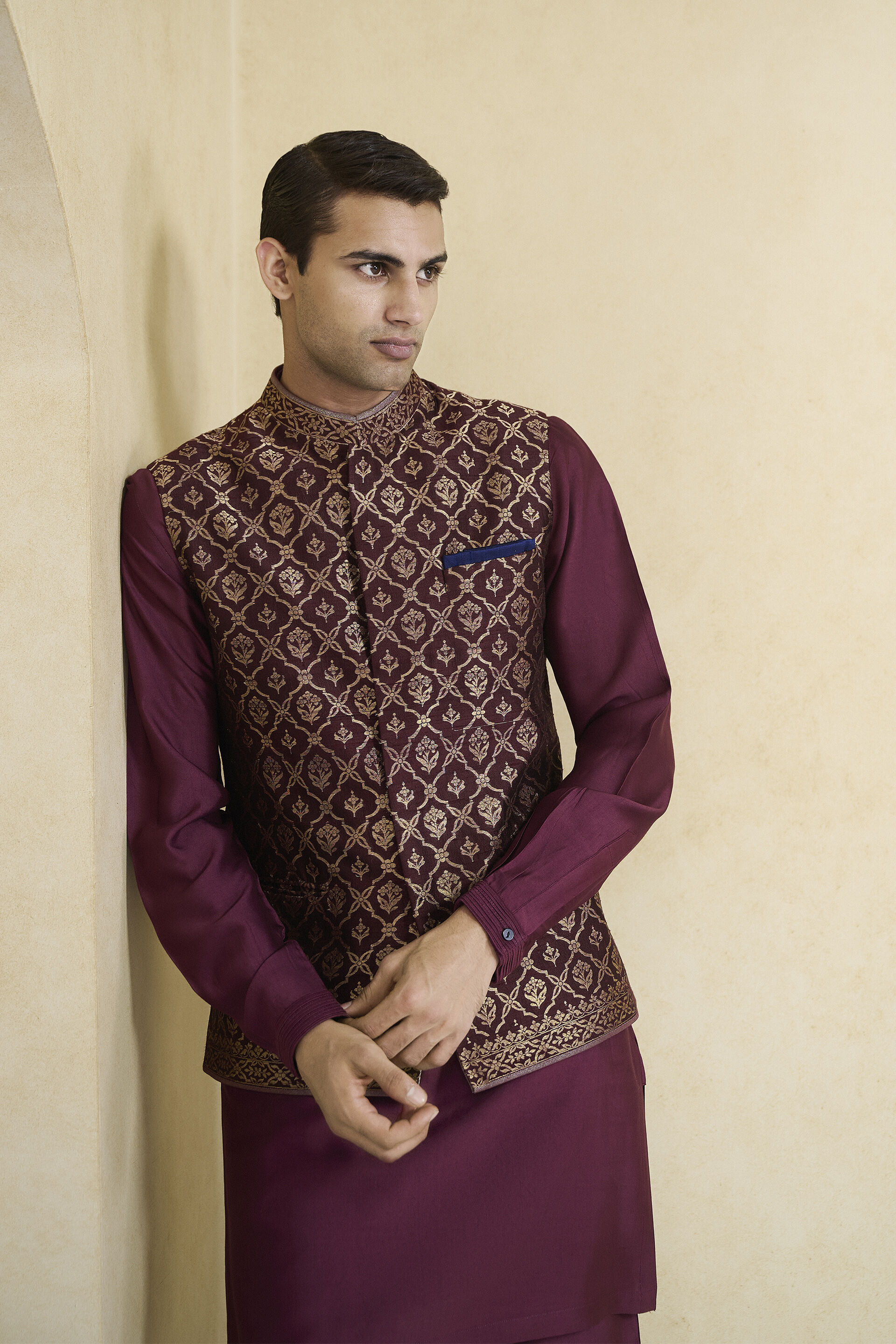 Davin Handwoven Benarasi Nehru Jacket - Plum, Plum, image 4