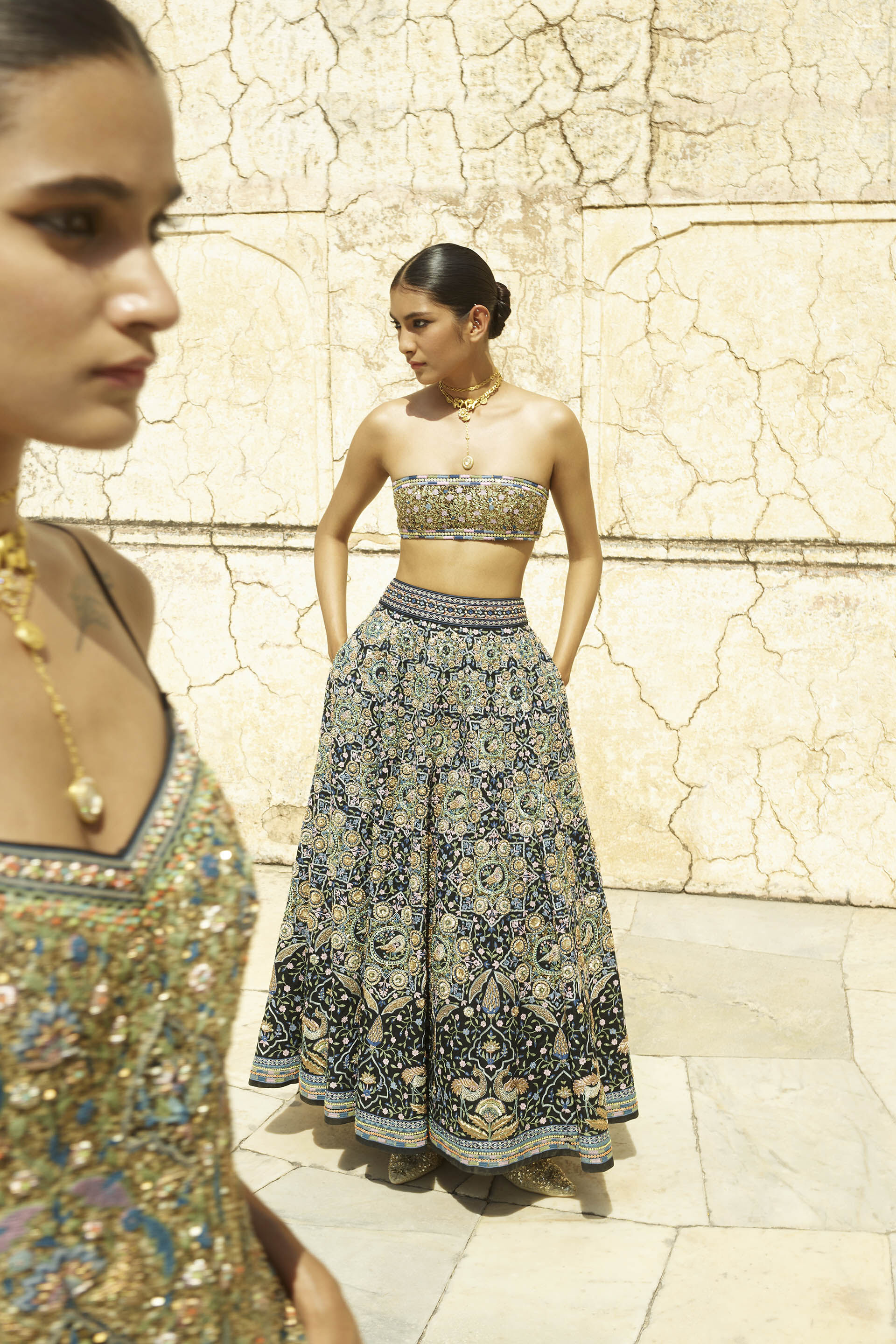 Forest Gleam Embroidered Zardozi Silk Skirt Set - Black, Black, image 3