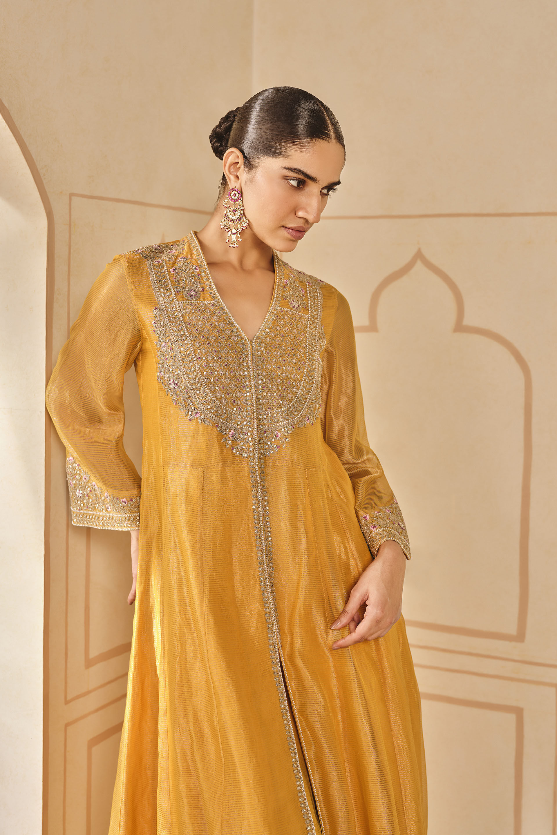 Azha Embroidered Zardozi Silk Jacket Set - Yellow, Yellow, image 5