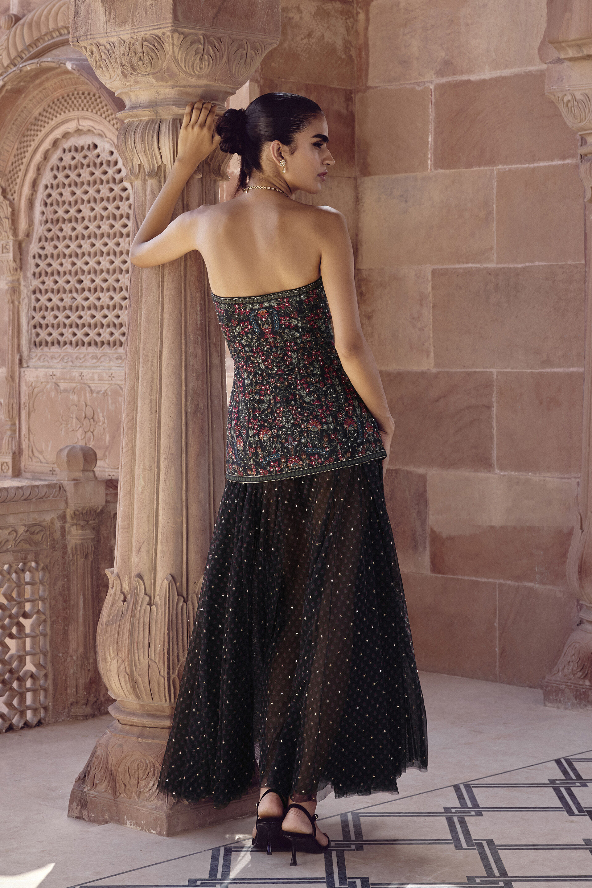 Nameera Embroidered Silk Skirt Set - Black