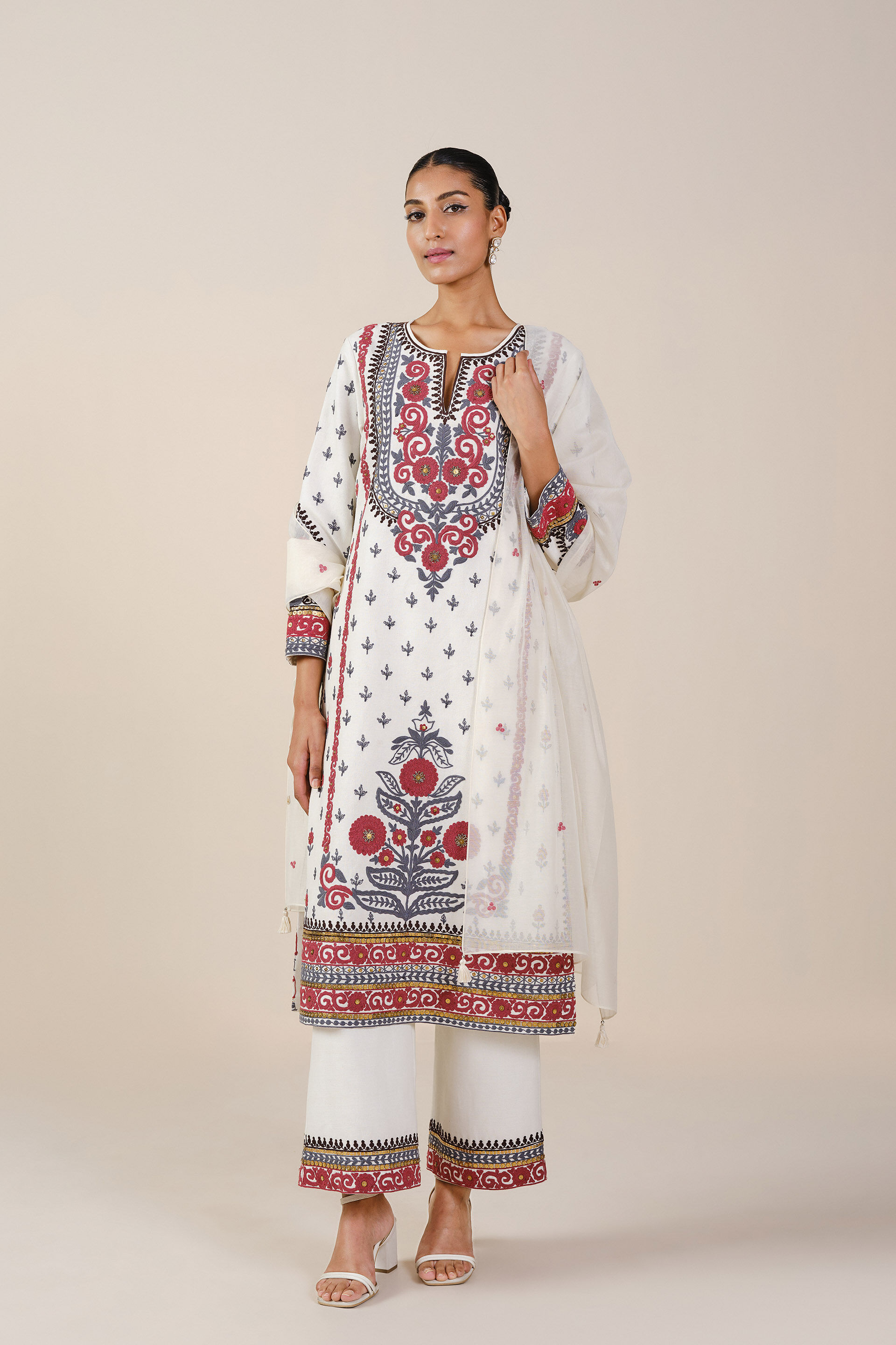 Flowers Of The Forest Embroidered Cord Silk Suit Set - White