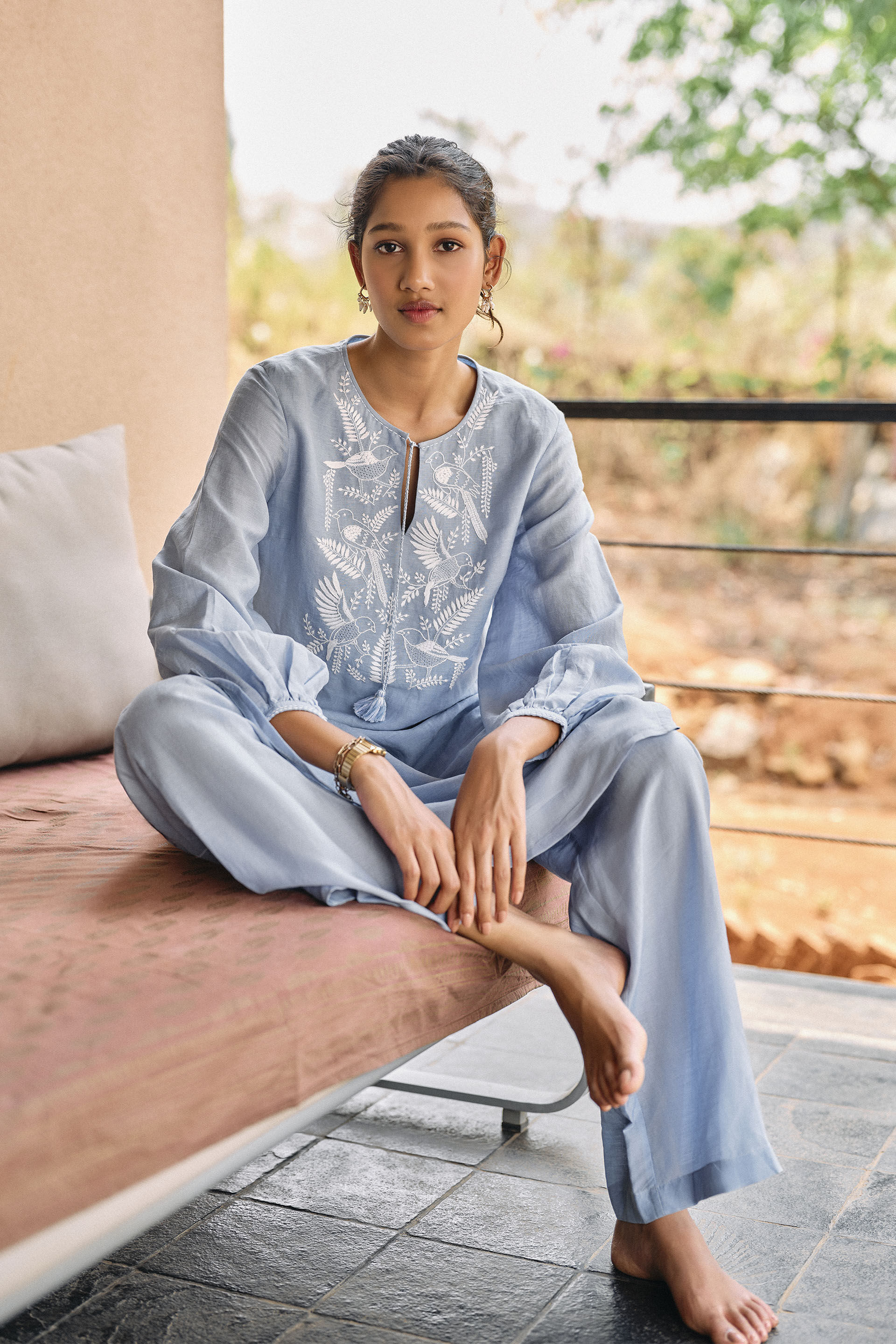 Cloud Sky Hand-embroidered Chikankari Linen Co-ord - Blue