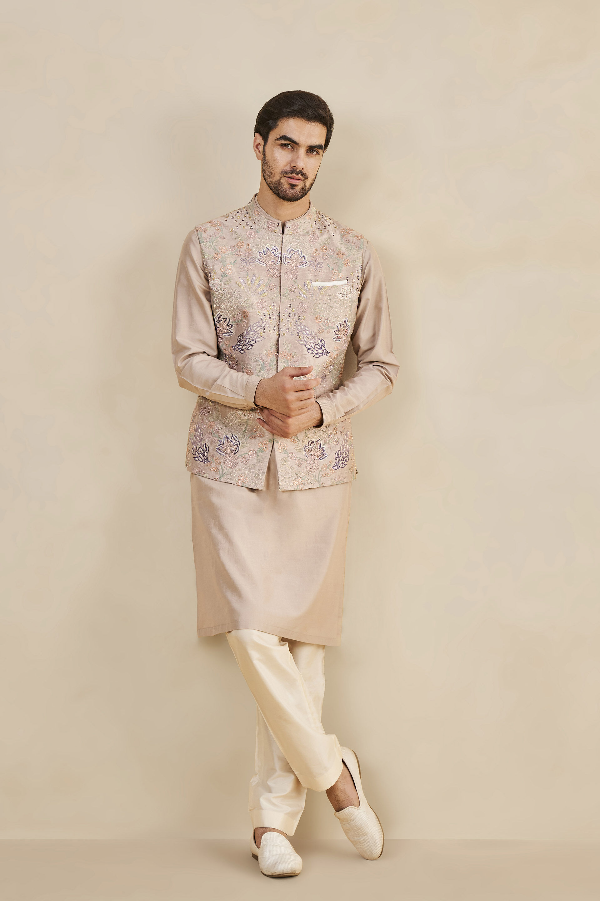 Uttank Embroidered Silk Nehru Jacket - Lavender, Lavender, image 1