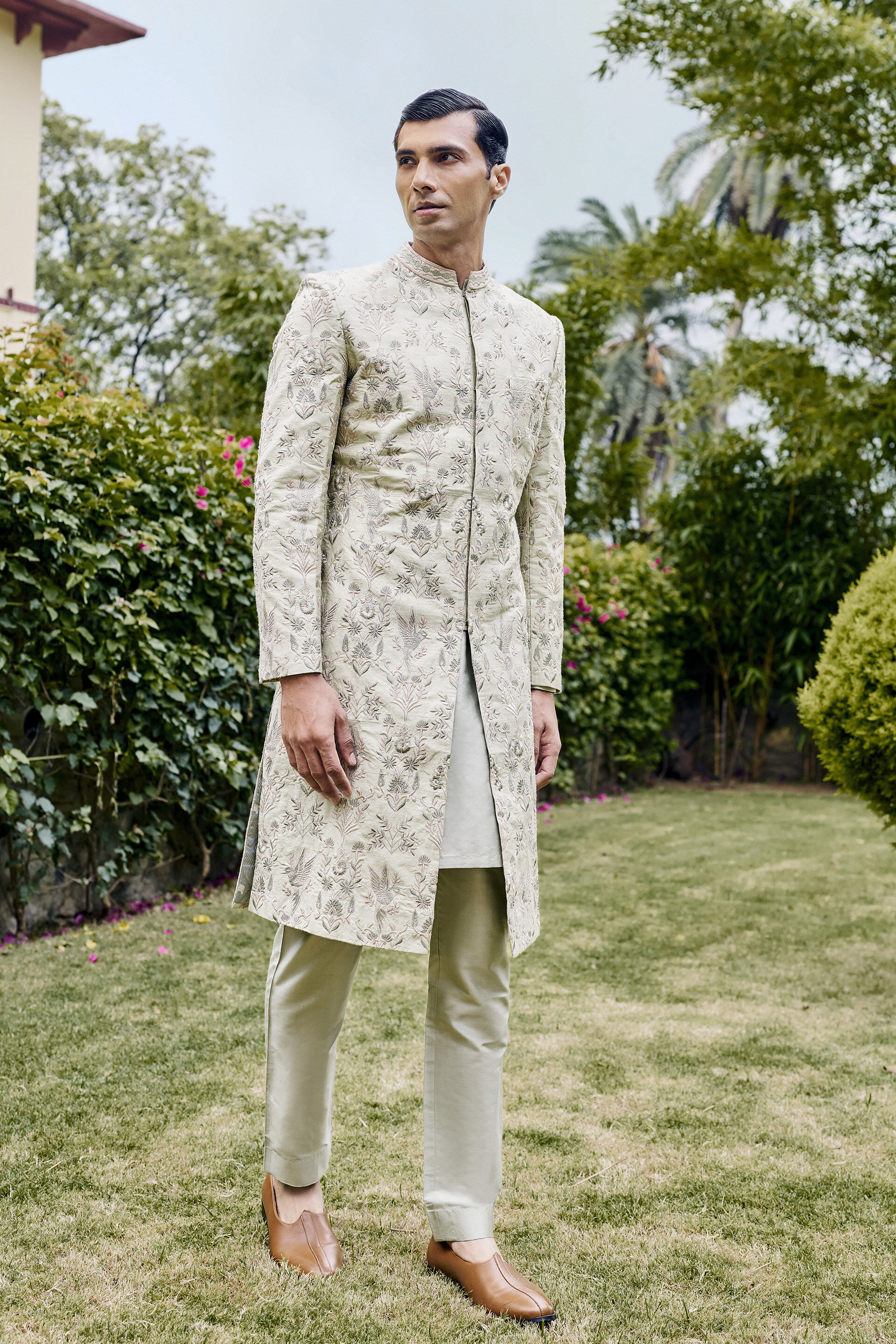 Kshiraj Embroidered Silk Sherwani - Sage