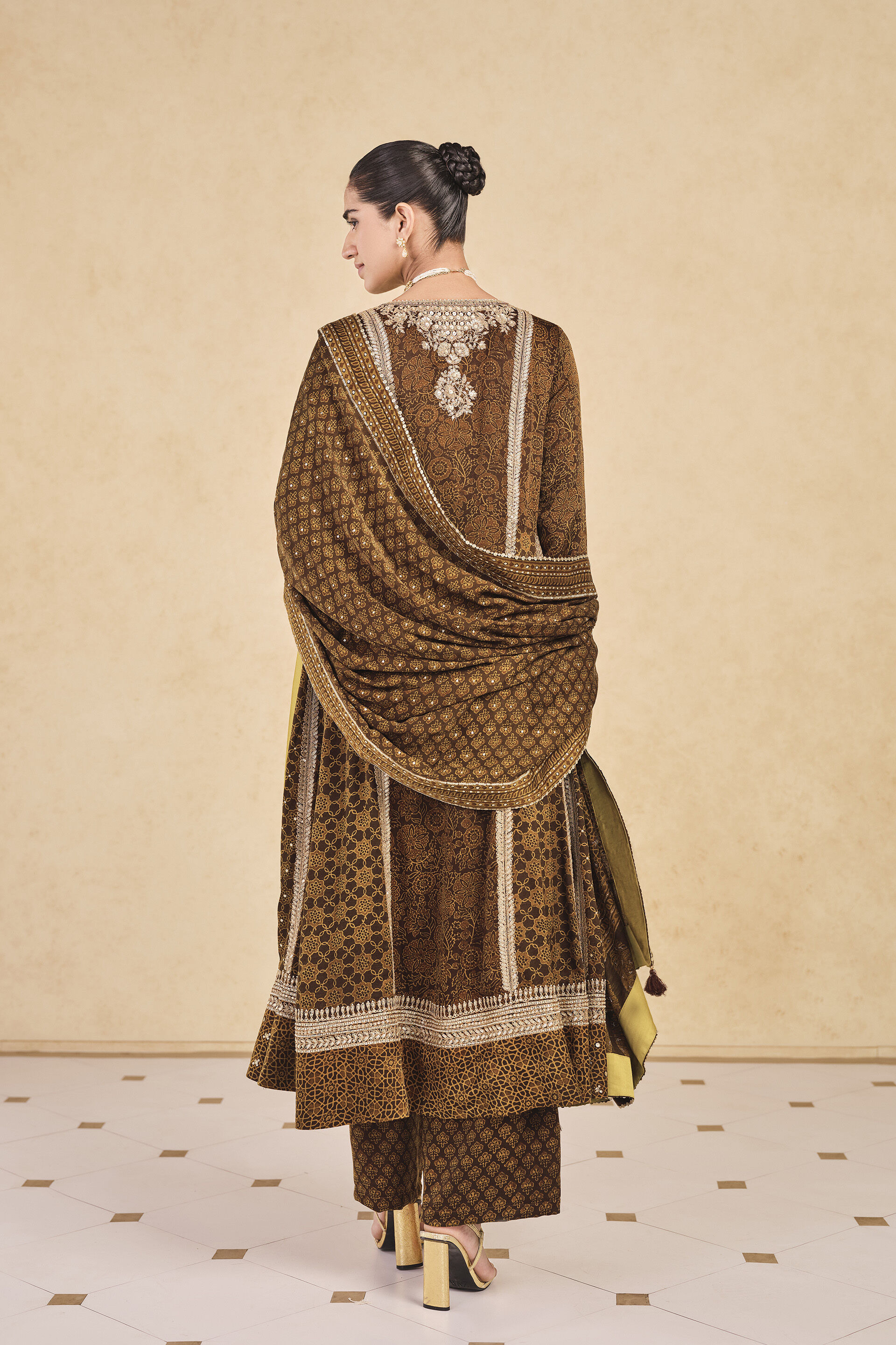 Marfa Ajrakh Hand-block Printed Silk Suit Set - Olive