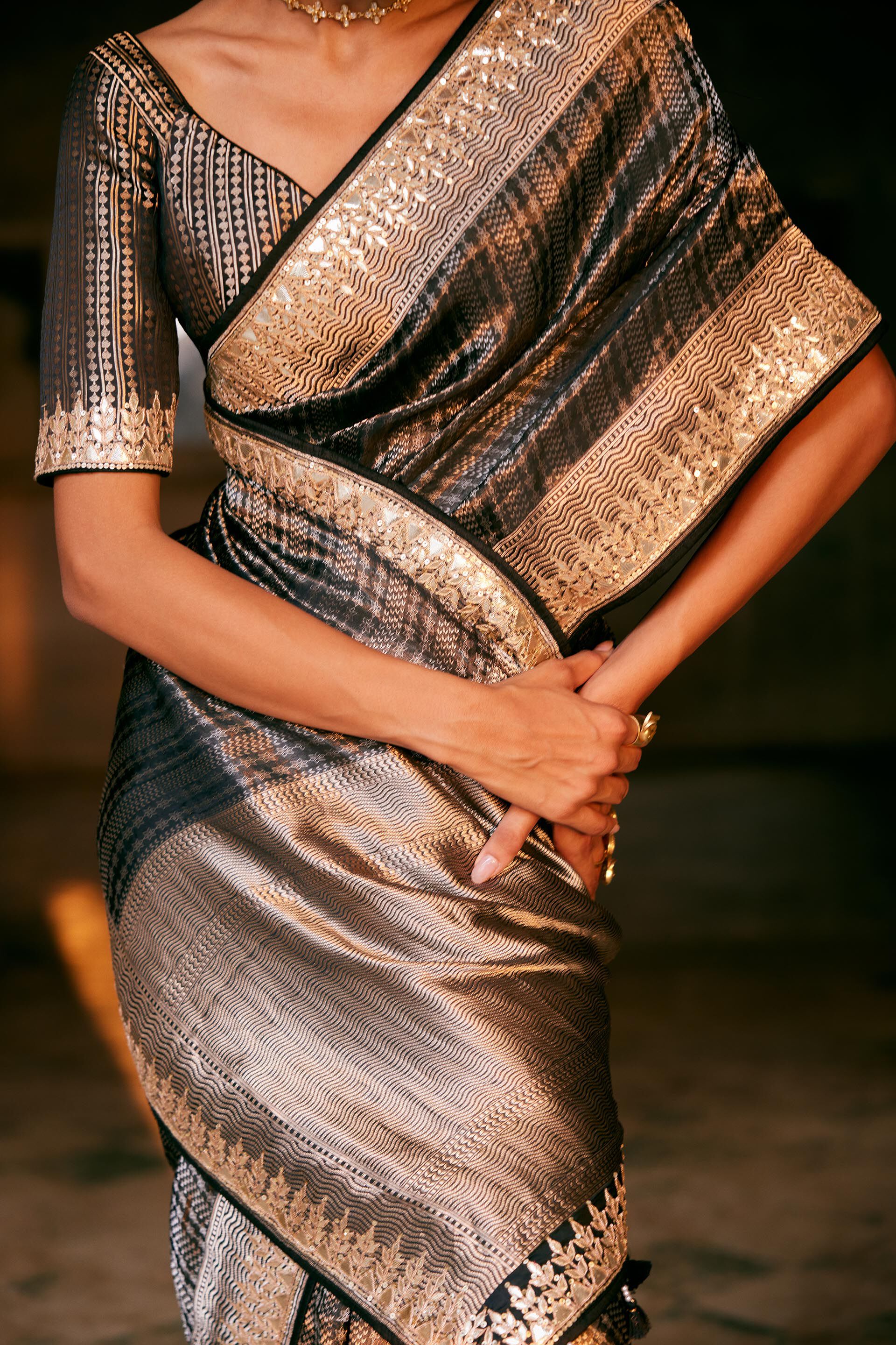 Avabha Handwoven Benarasi Silk Saree - Grey, Grey, image 3