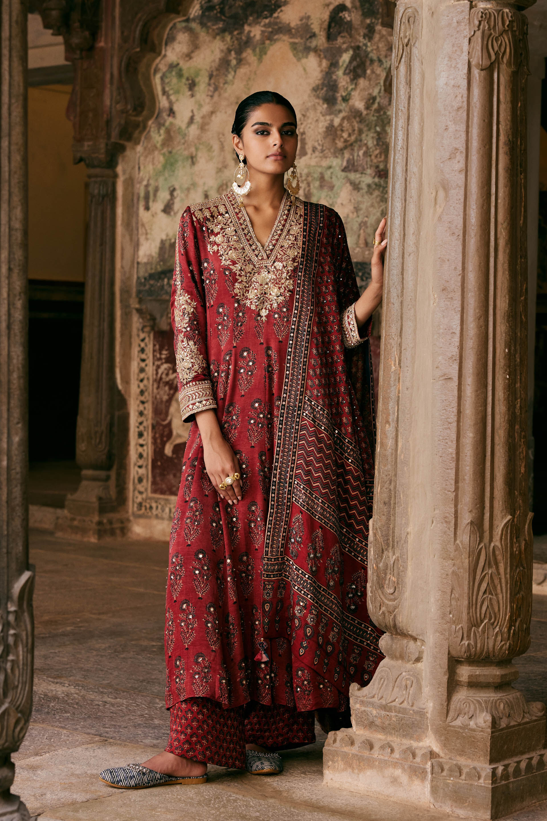 Saaj Ajrakh Hand-block Printed Silk Suit Set - Red