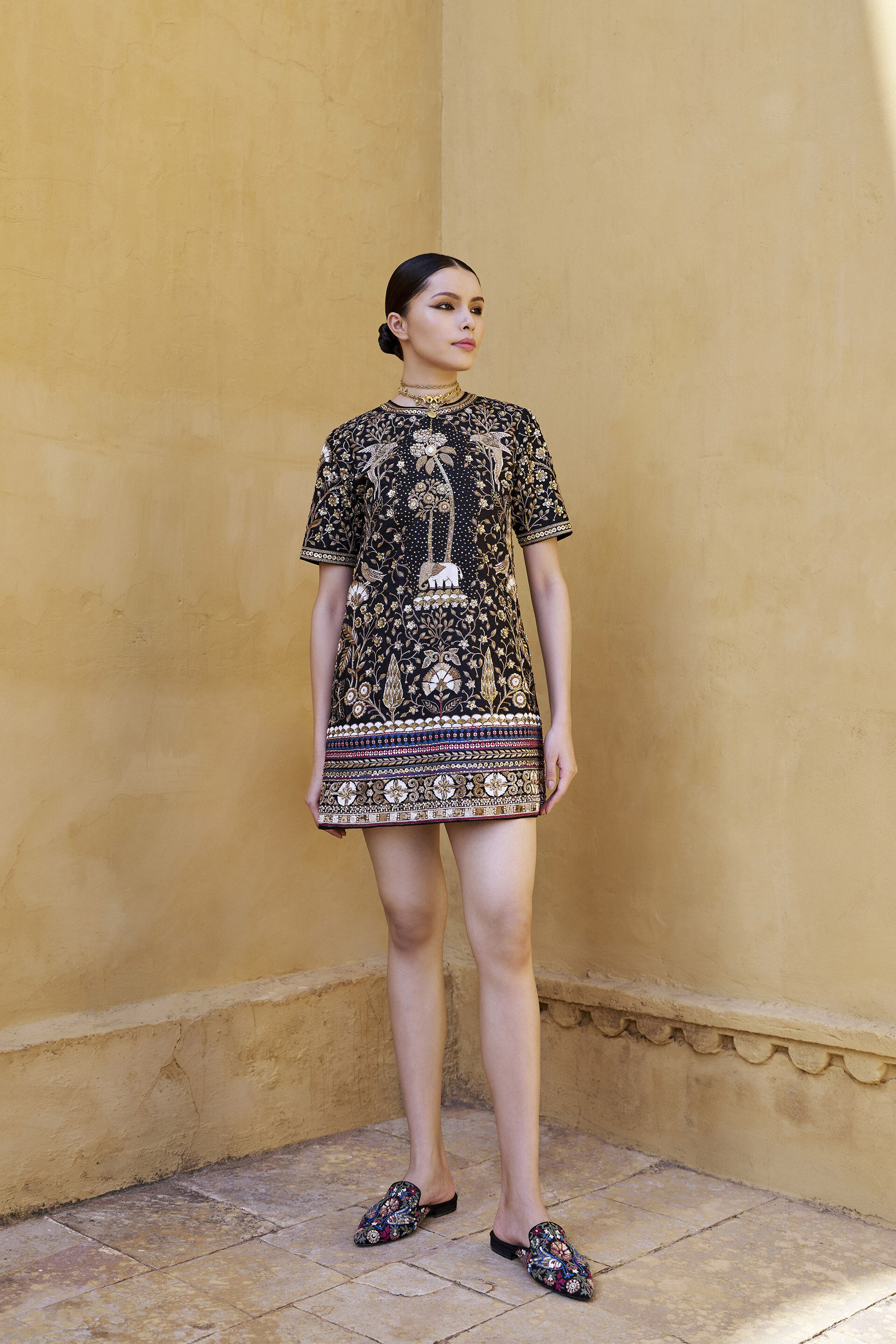 Harmony Of The Forest Embroidered Zardozi Silk Dress - Black, Black, image 3