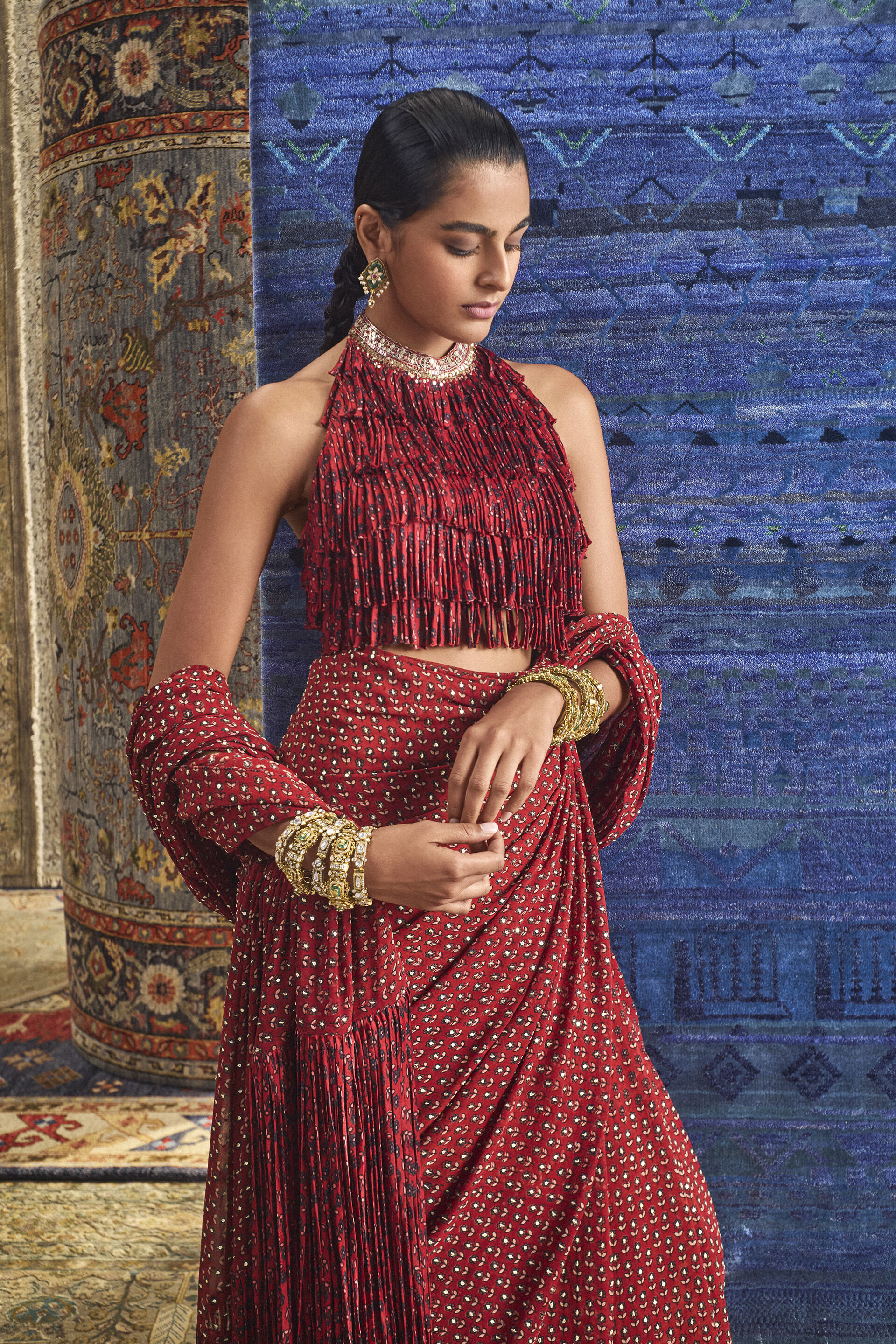 Anuka Ajrakh Hand-block Printed Fringe Pre-draped Saree - Red, Red, image 4